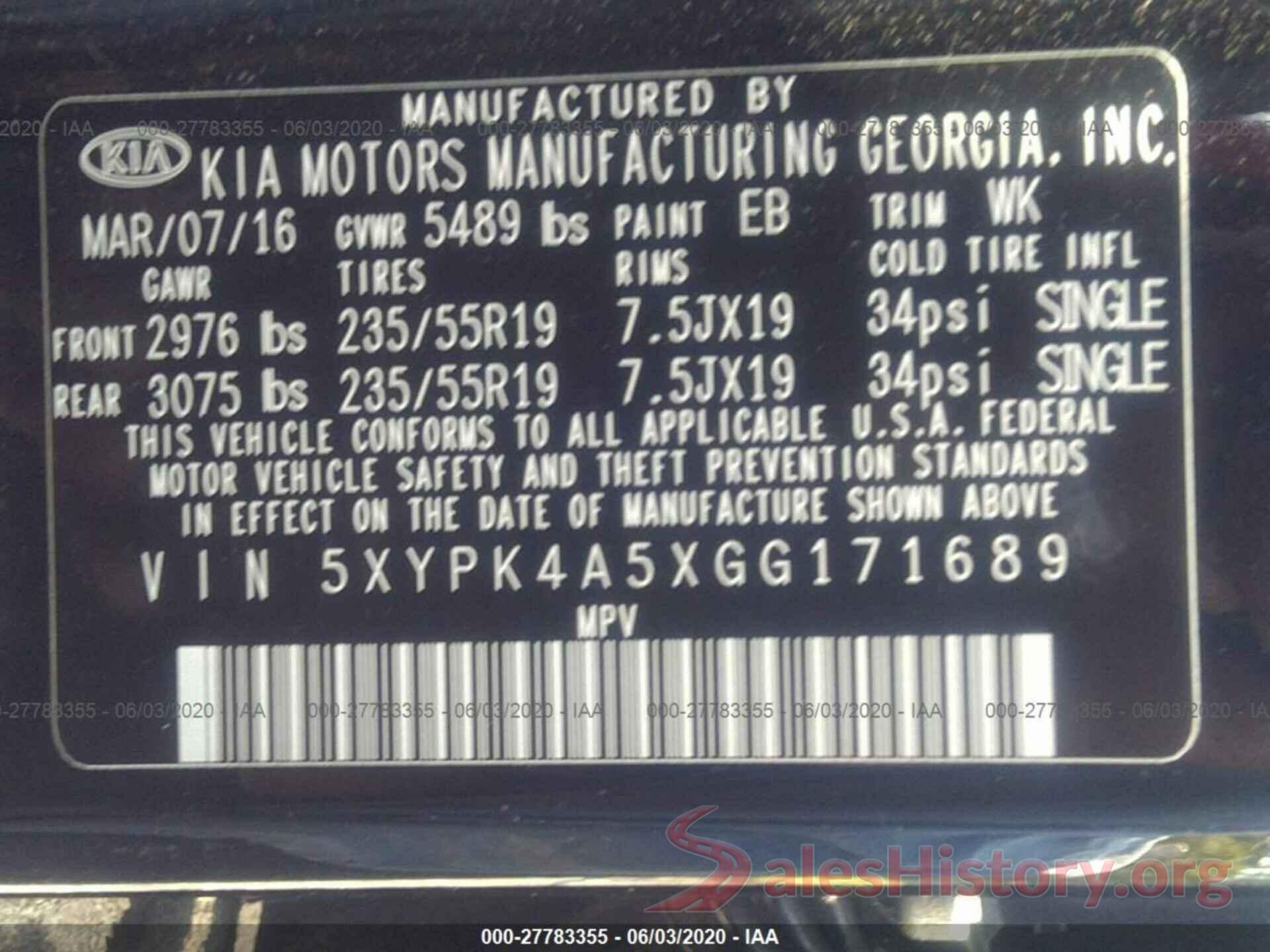 5XYPK4A5XGG171689 2016 KIA Sorento