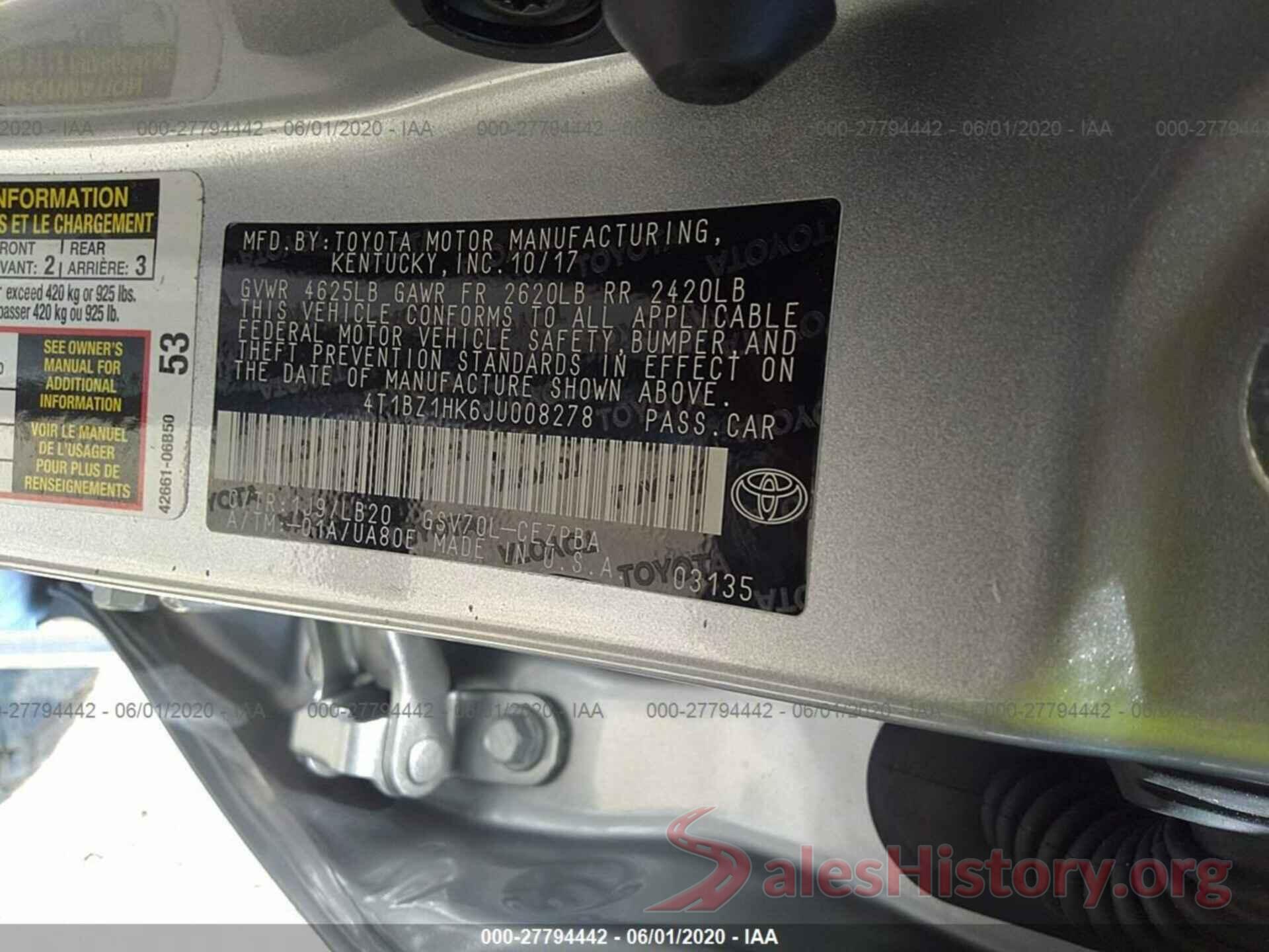 4T1BZ1HK6JU008278 2018 Toyota Camry