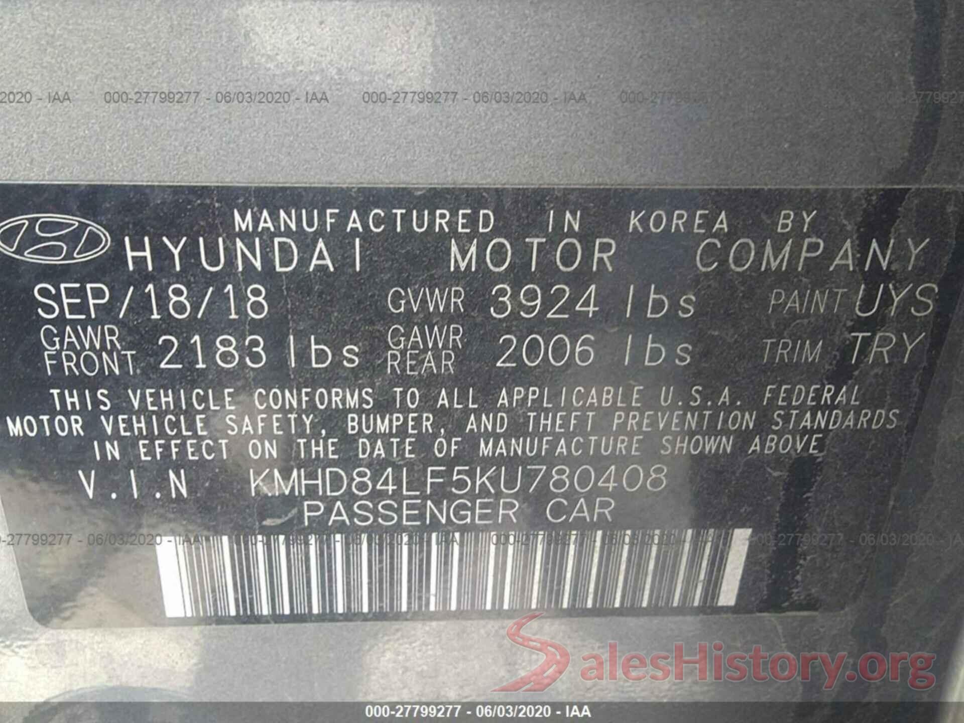 KMHD84LF5KU780408 2019 HYUNDAI ELANTRA