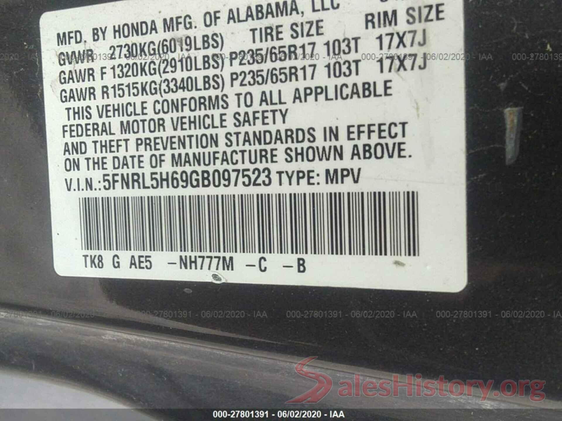 5FNRL5H69GB097523 2016 Honda Odyssey