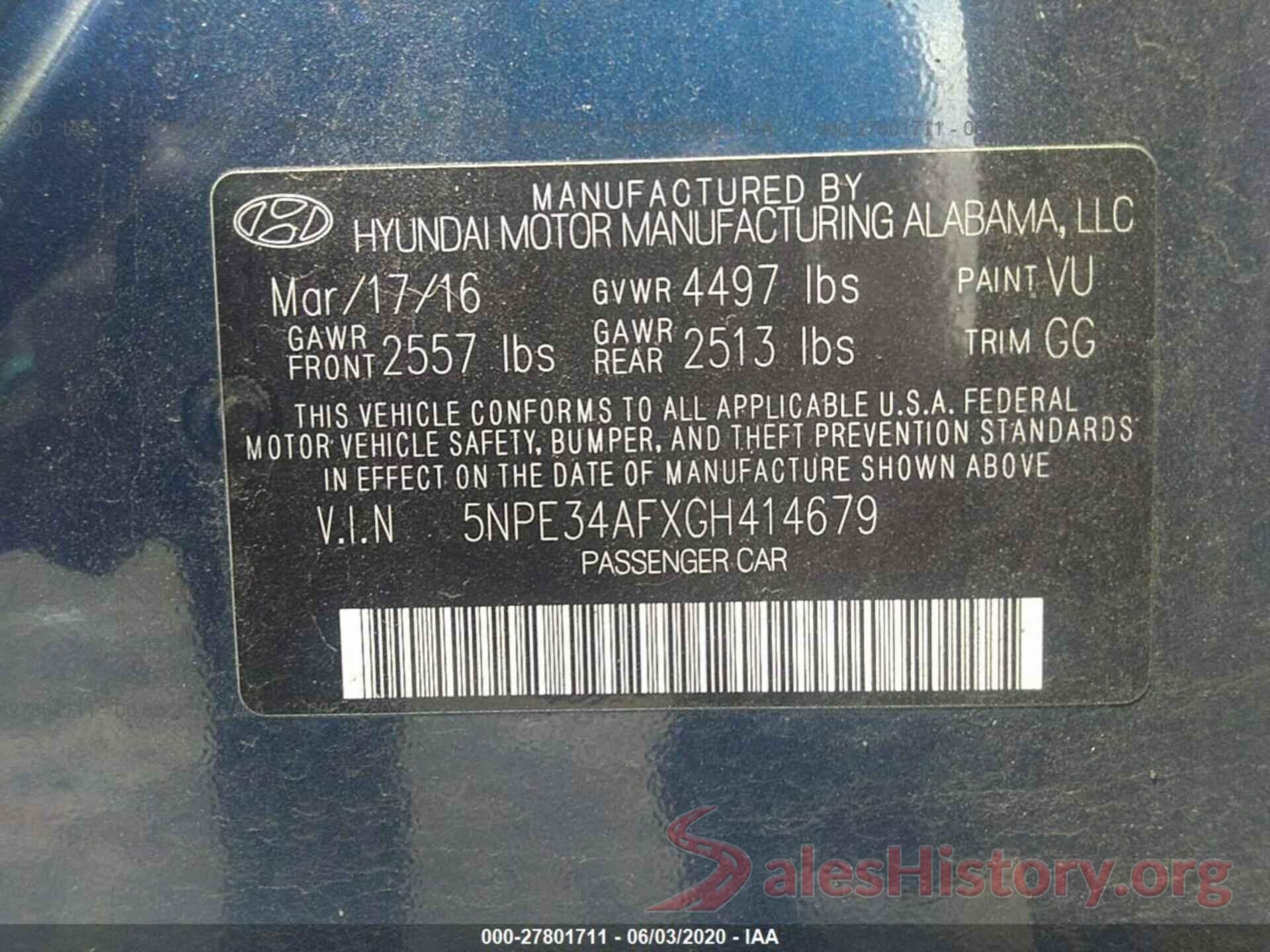 5NPE34AFXGH414679 2016 HYUNDAI SONATA