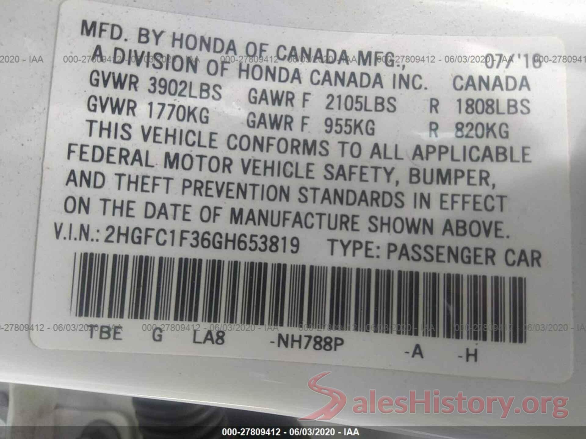 2HGFC1F36GH653819 2016 Honda Civic