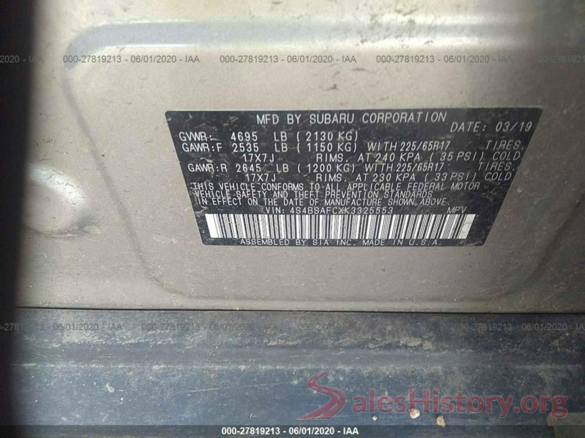 4S4BSAFCXK3325553 2019 SUBARU OUTBACK