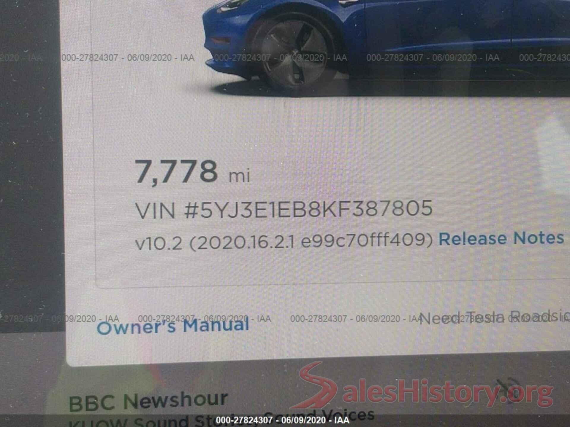 5YJ3E1EB8KF387805 2019 TESLA MODEL 3