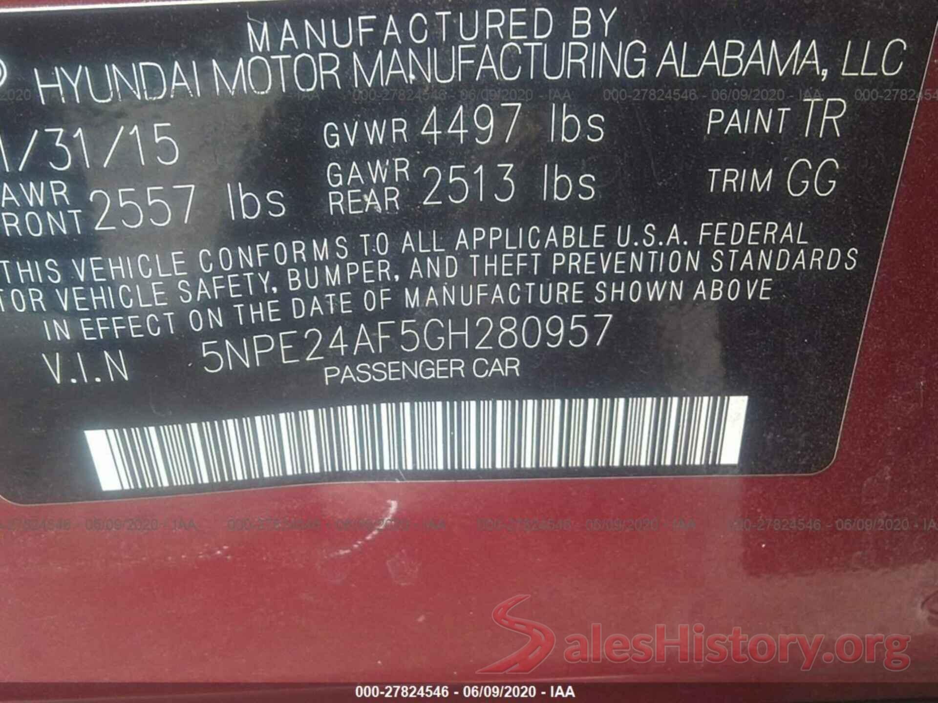 5NPE24AF5GH280957 2016 Hyundai Sonata