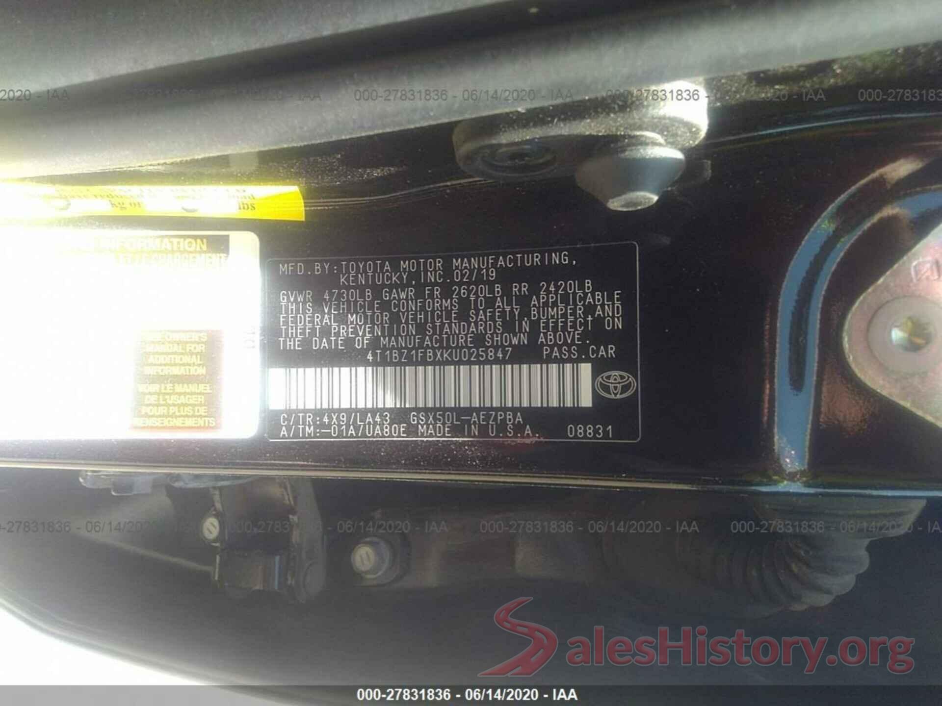 4T1BZ1FBXKU025847 2019 TOYOTA AVALON