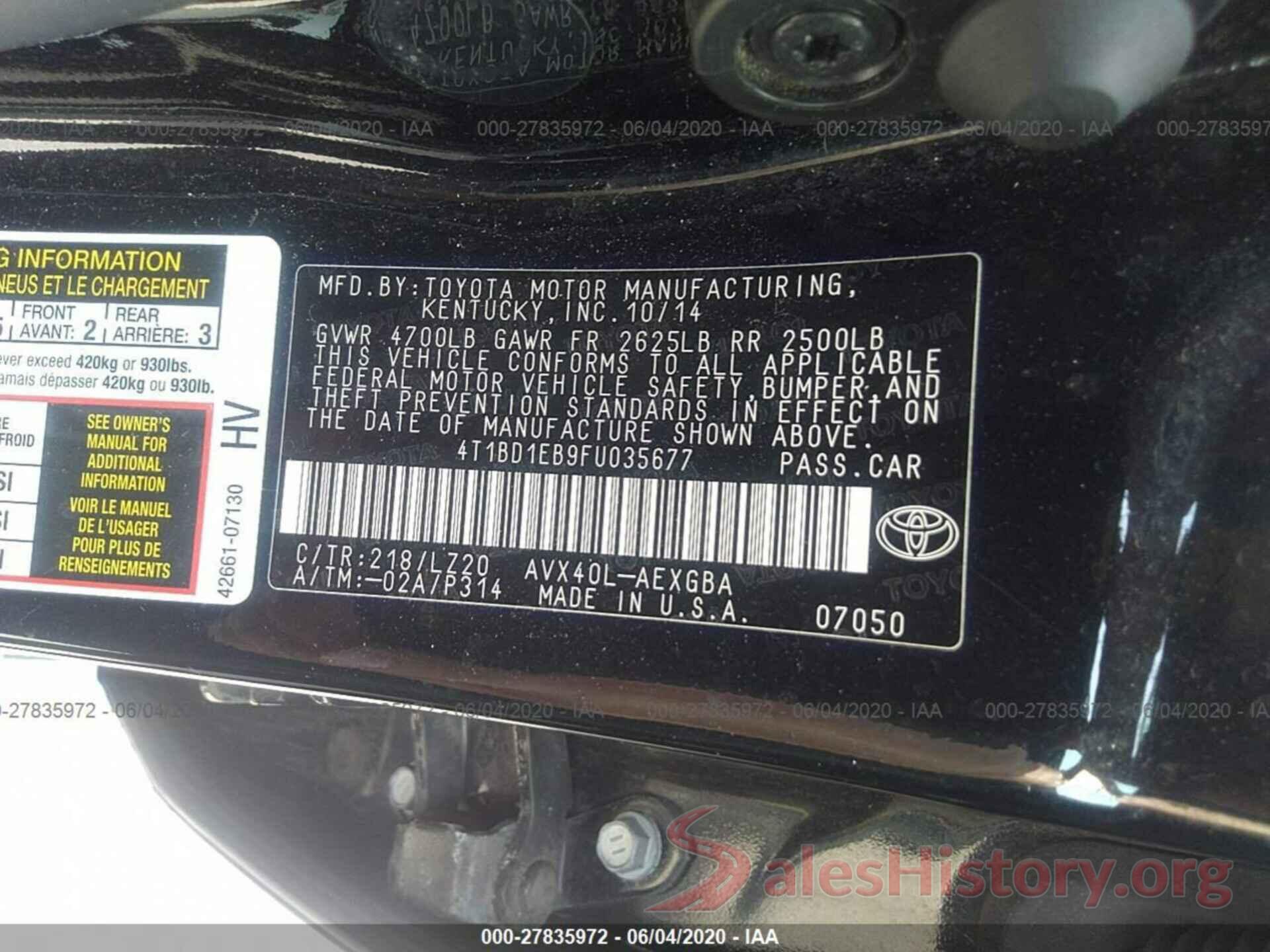 4T1BD1EB9FU035677 2015 TOYOTA AVALON