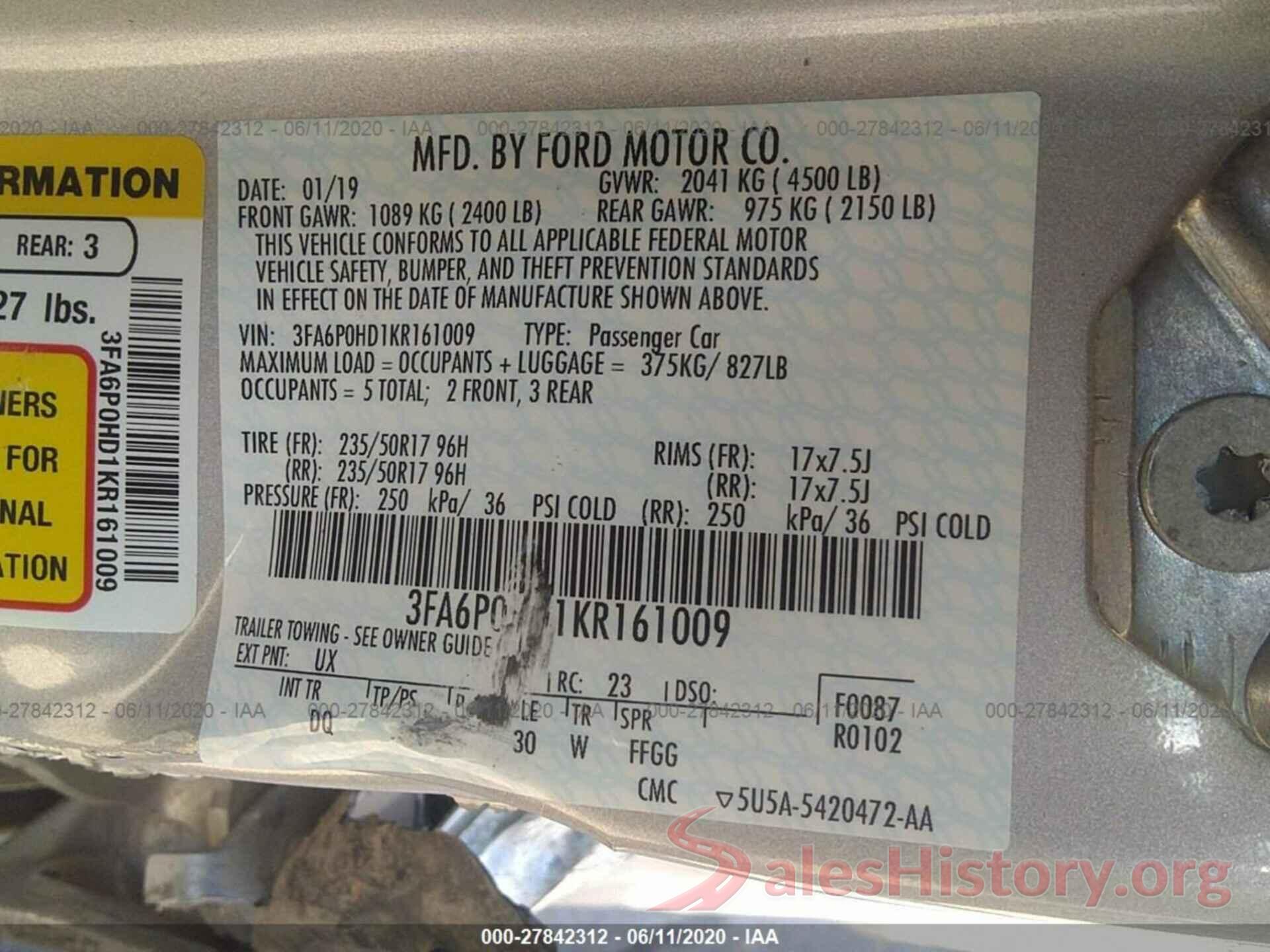 3FA6P0HD1KR161009 2019 FORD FUSION