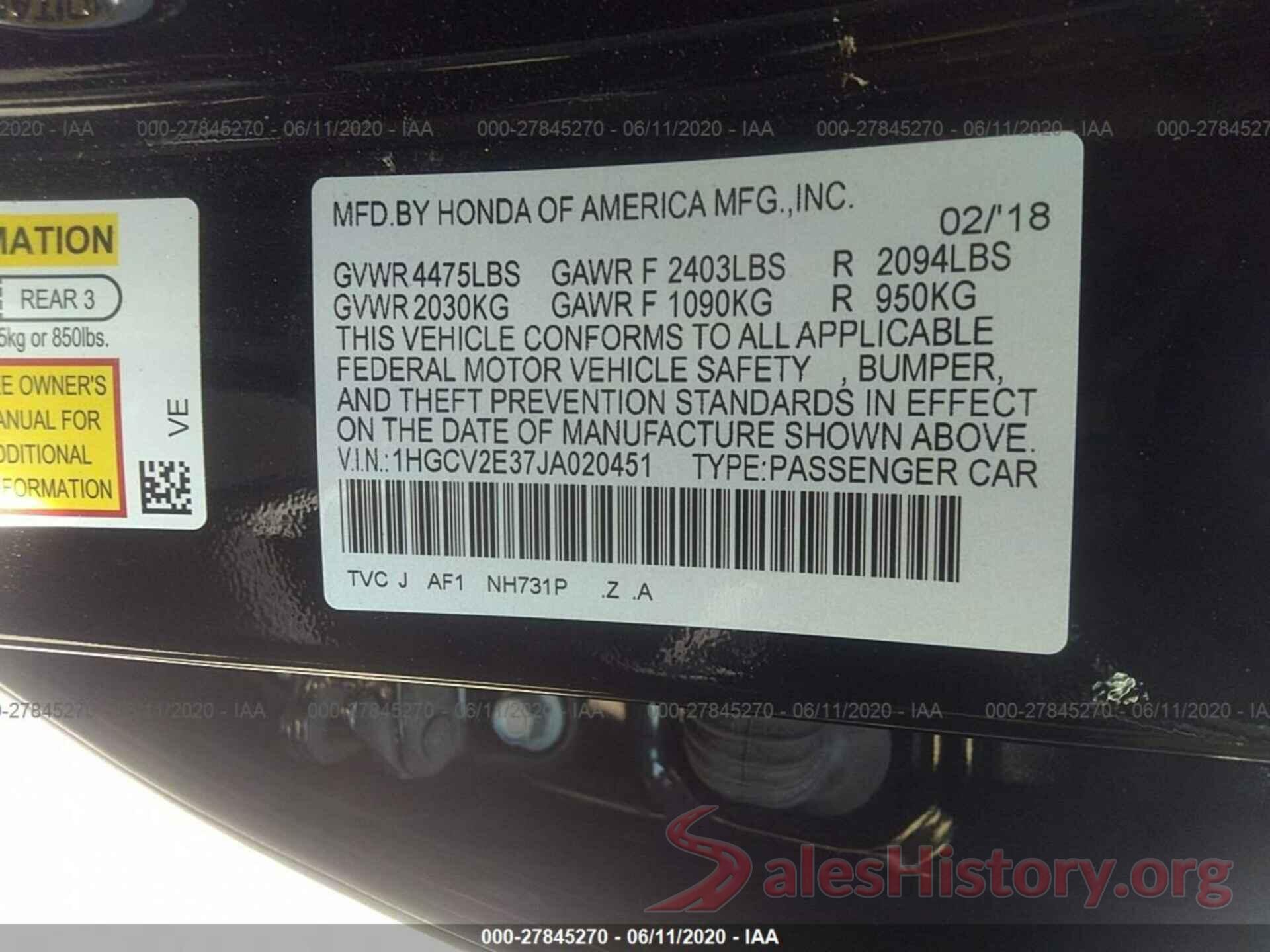 1HGCV2E37JA020451 2018 HONDA ACCORD