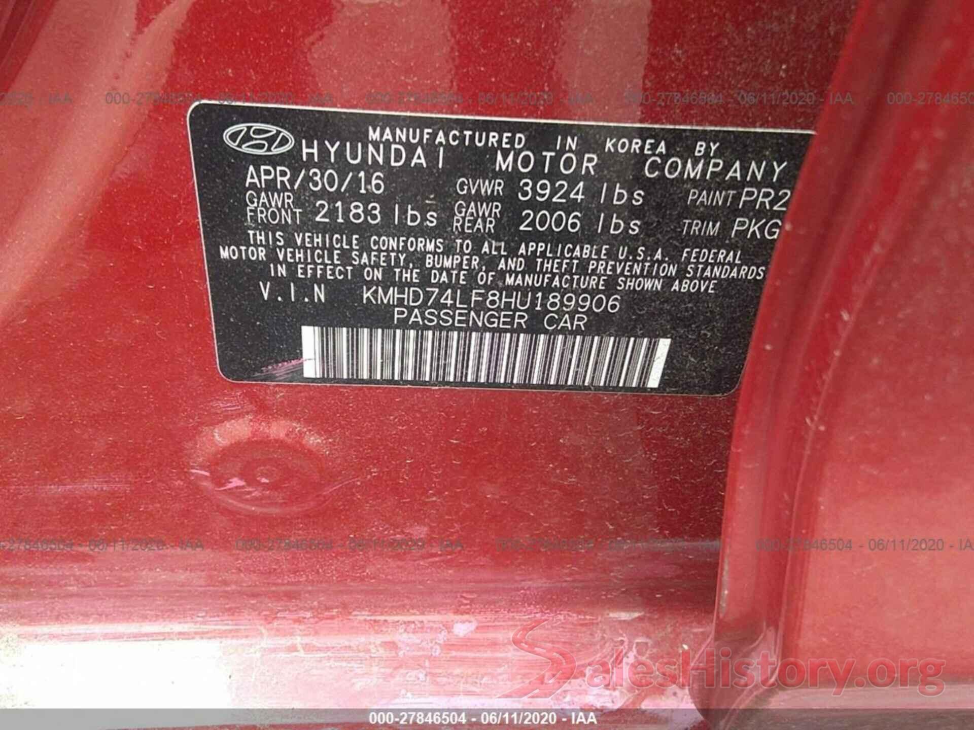 KMHD74LF8HU189906 2017 Hyundai Elantra