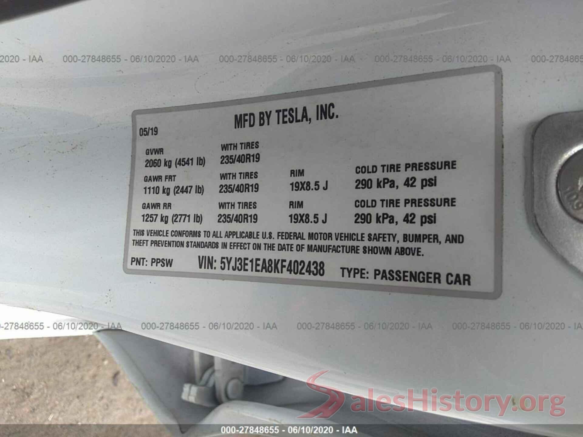 5YJ3E1EA8KF402438 2019 TESLA MODEL 3