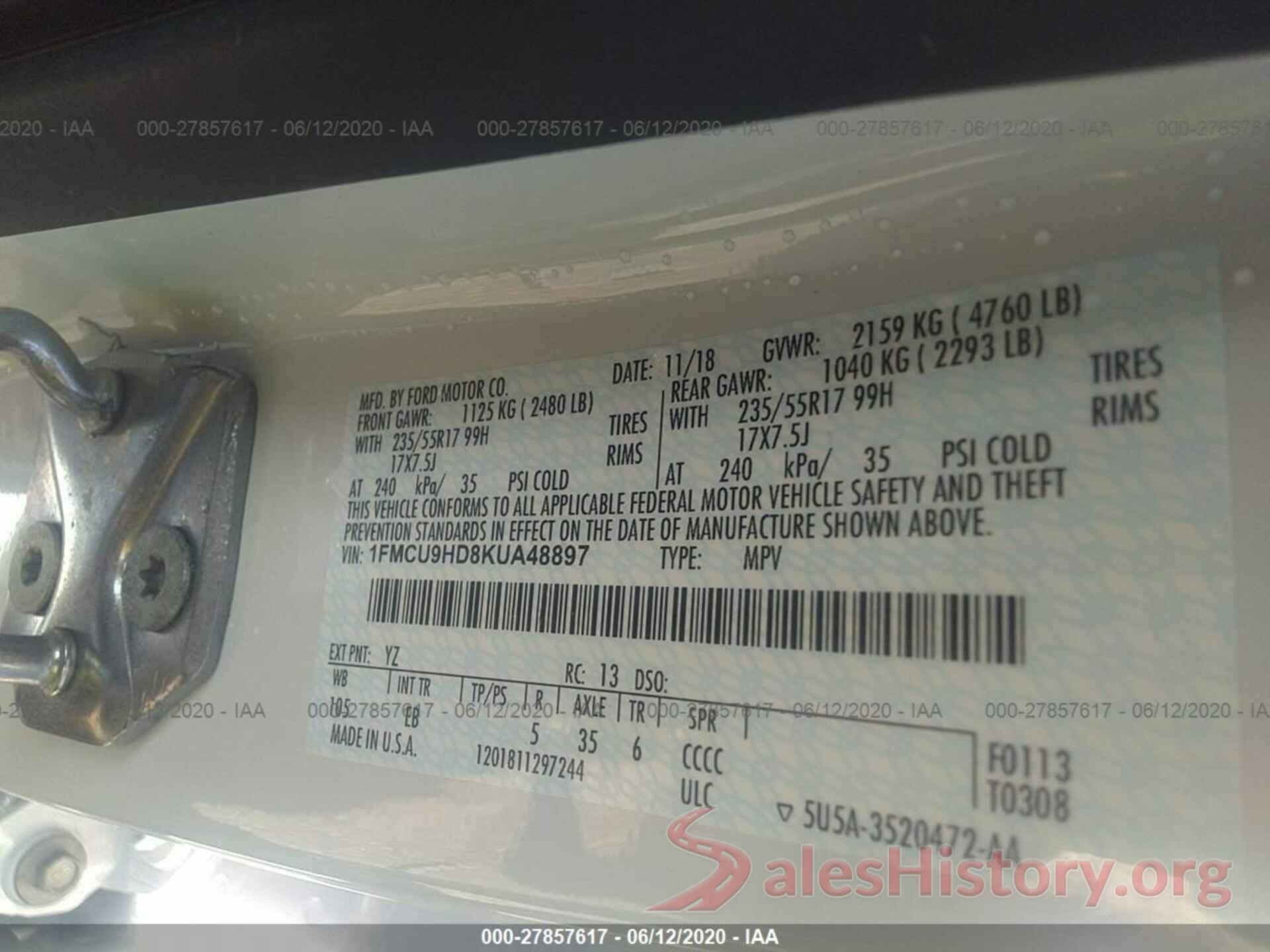 1FMCU9HD8KUA48897 2019 FORD ESCAPE