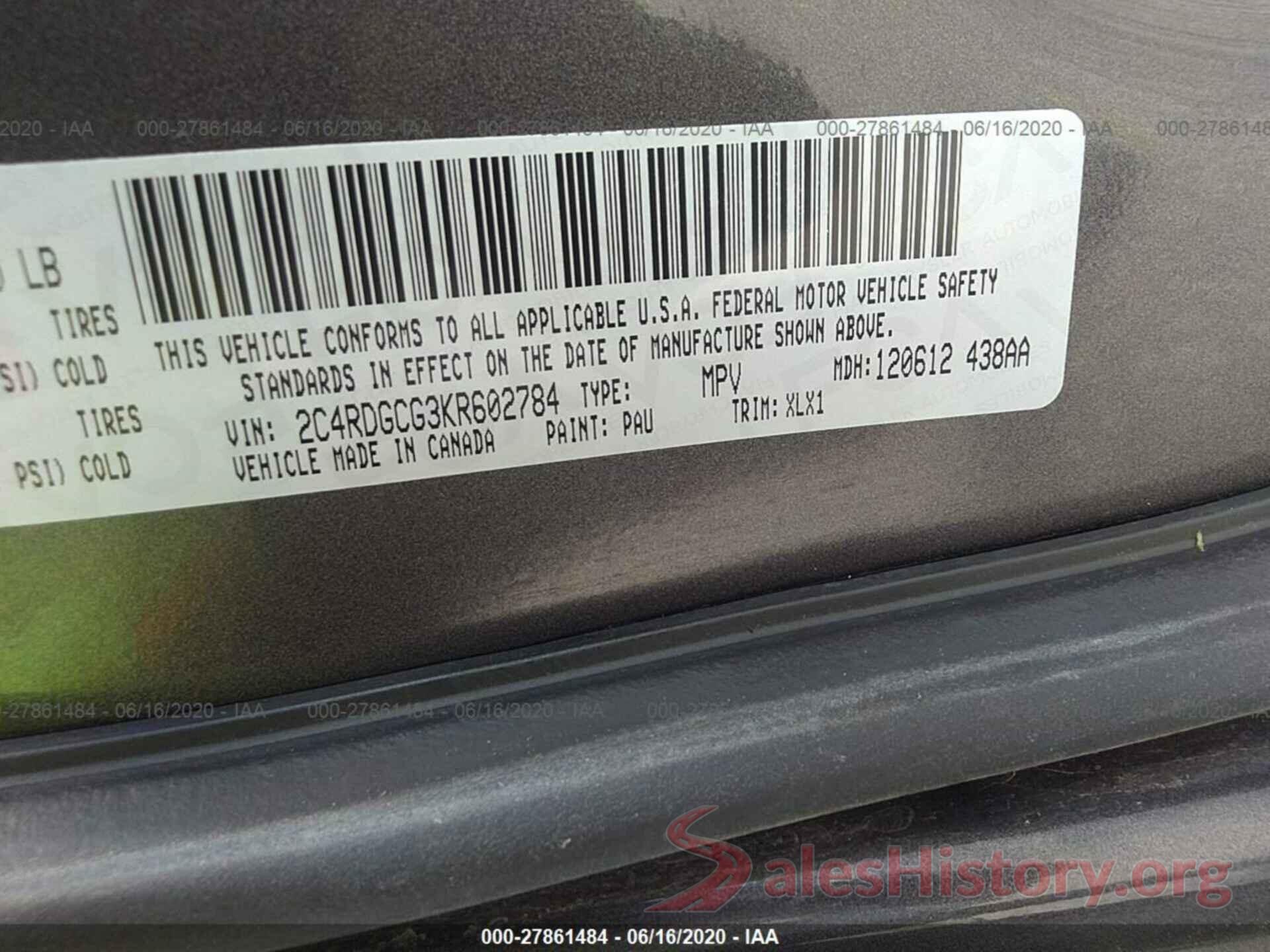 2C4RDGCG3KR602784 2019 DODGE GRAND CARAVAN