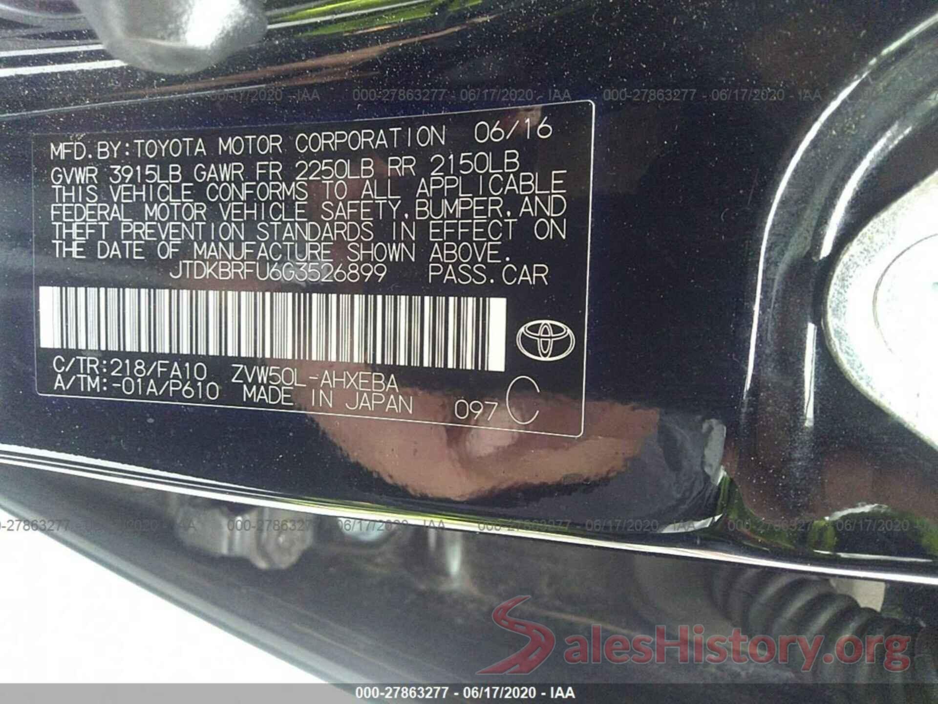 JTDKBRFU6G3526899 2016 Toyota Prius