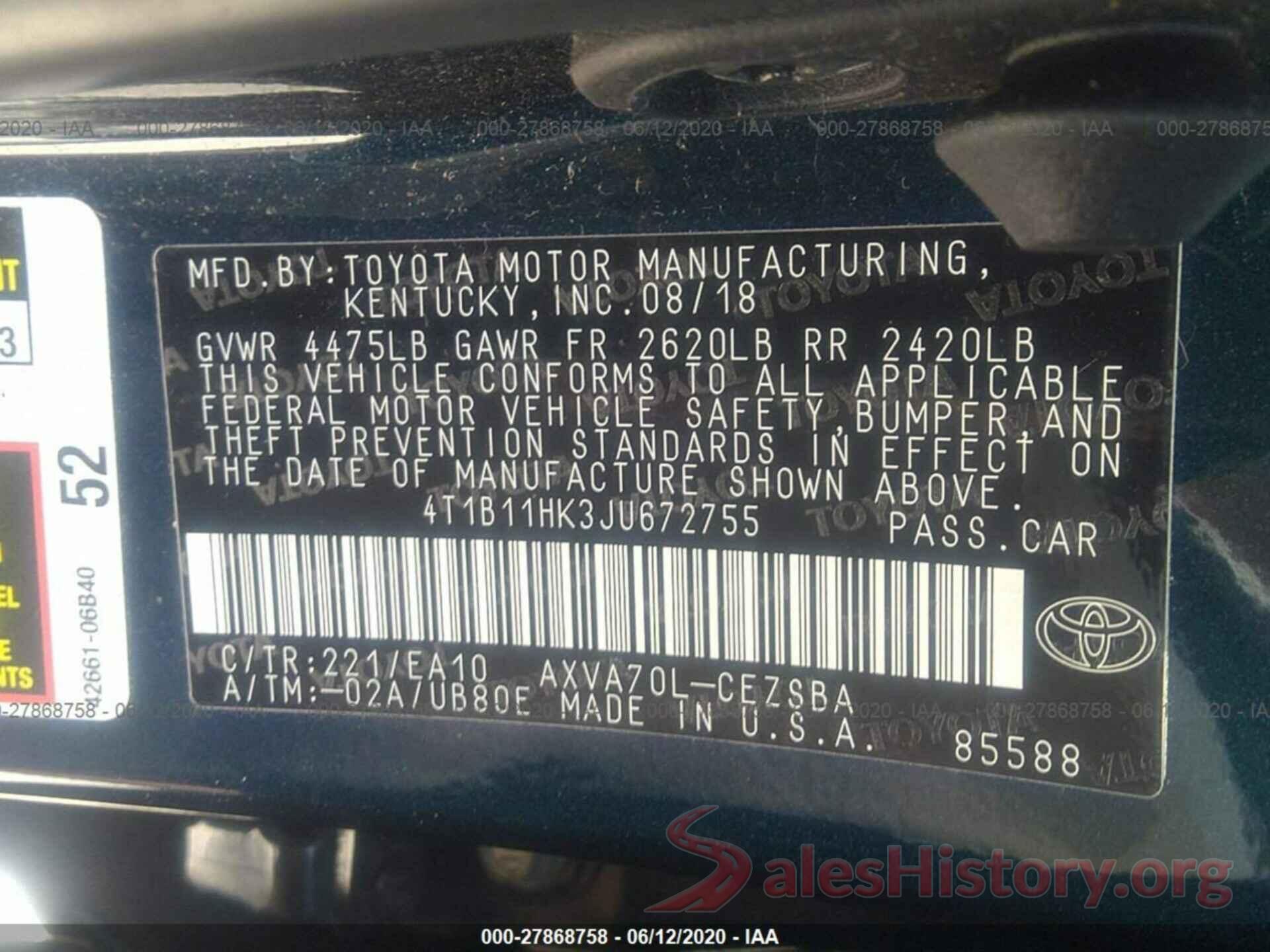 4T1B11HK3JU672755 2018 TOYOTA CAMRY