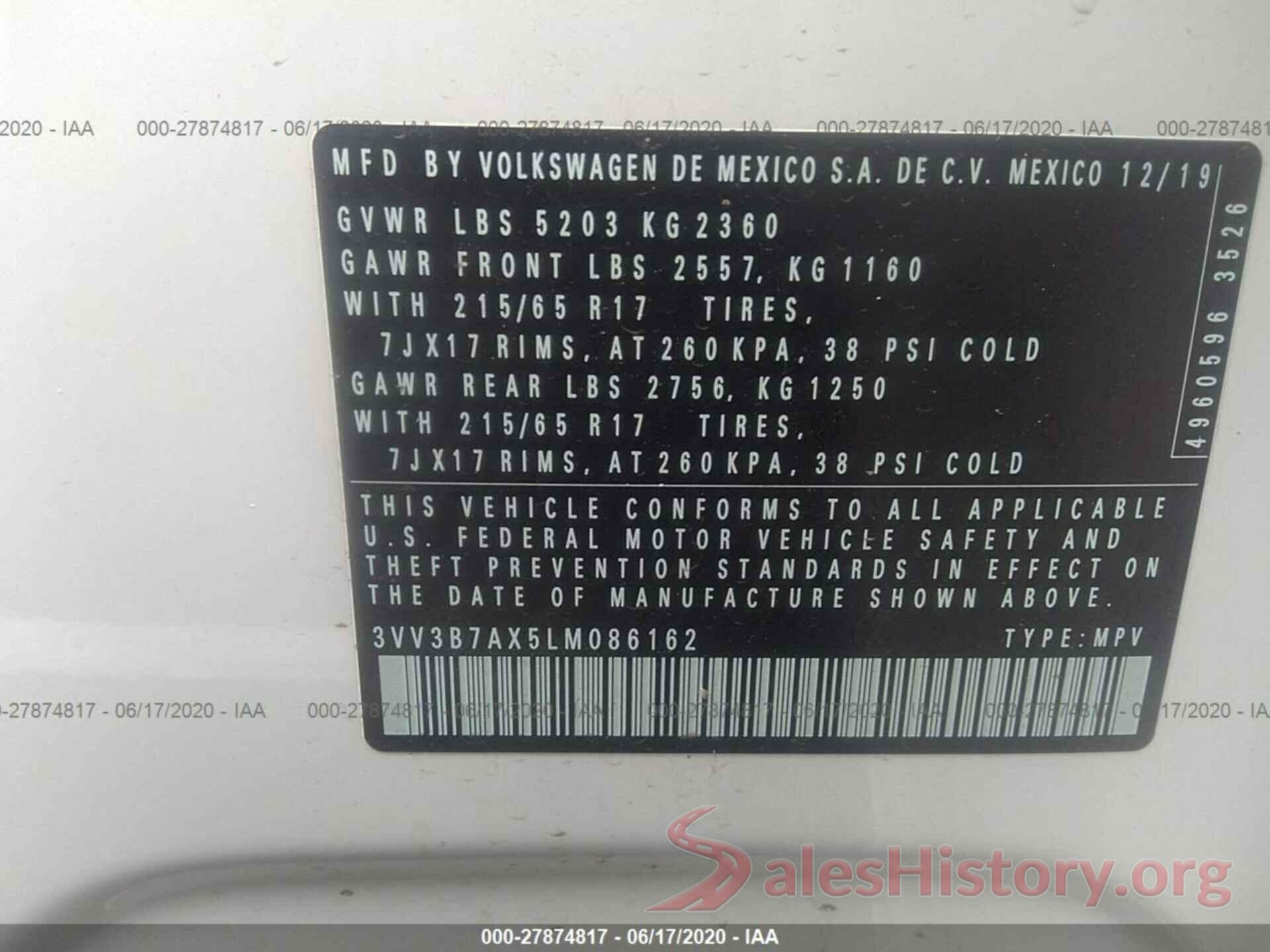 3VV3B7AX5LM086162 2020 VOLKSWAGEN TIGUAN