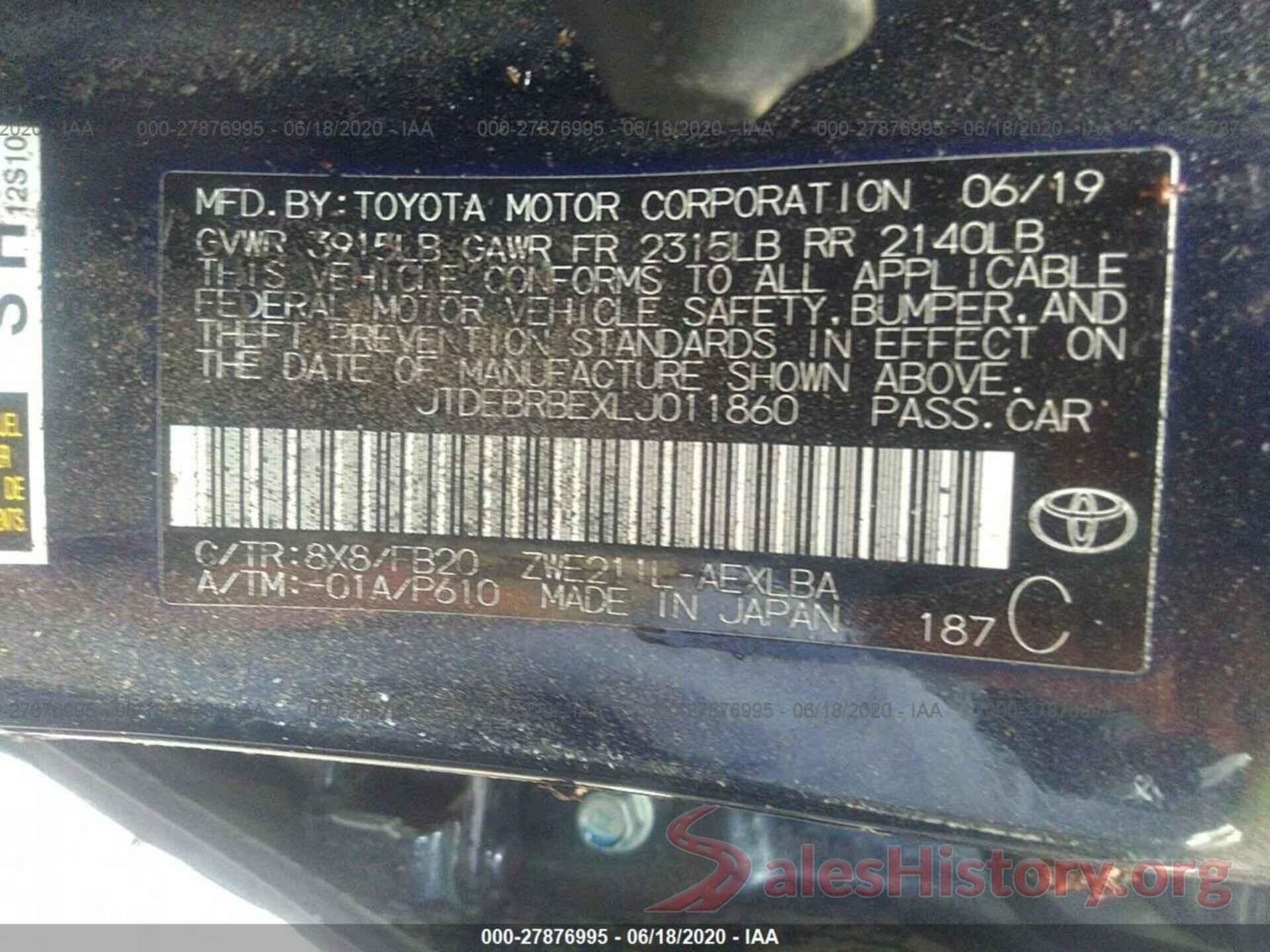 JTDEBRBEXLJ011860 2020 TOYOTA COROLLA