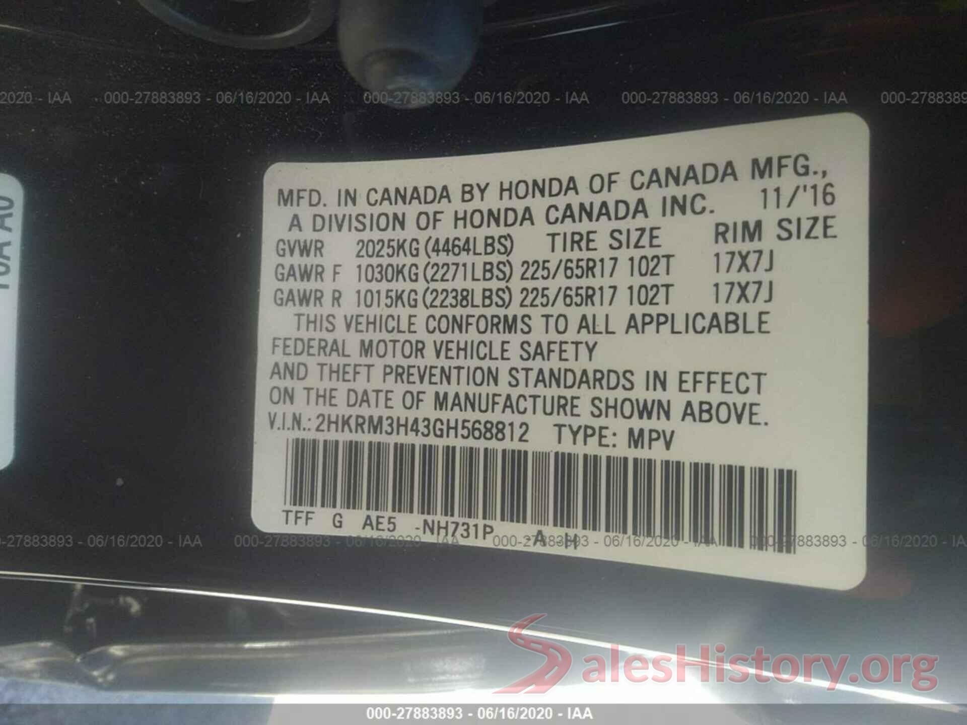 2HKRM3H43GH568812 2016 HONDA CR-V