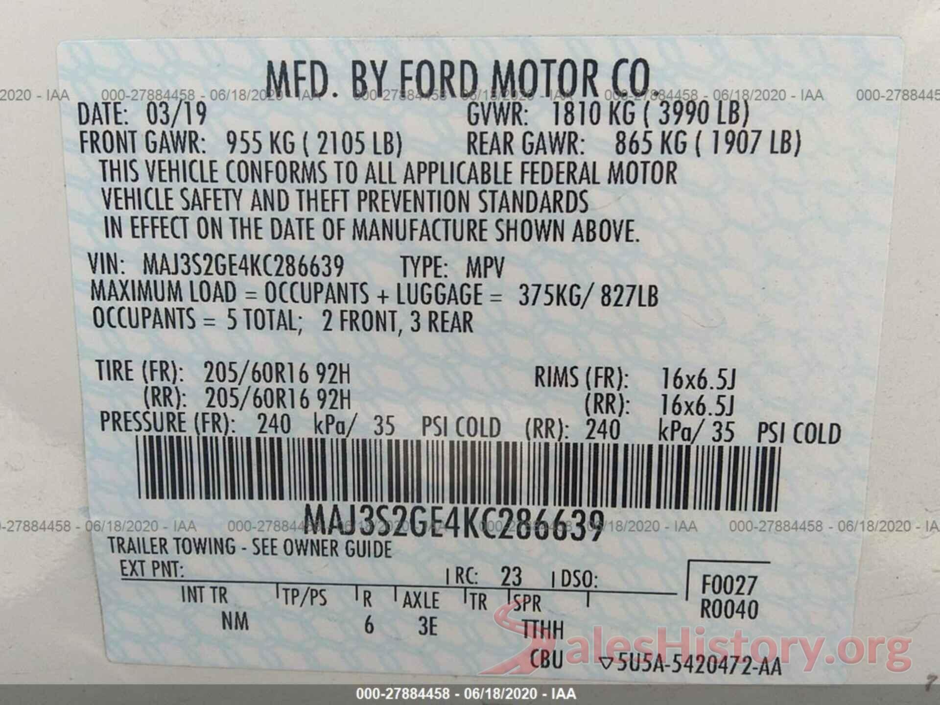 MAJ3S2GE4KC286639 2019 FORD ECOSPORT