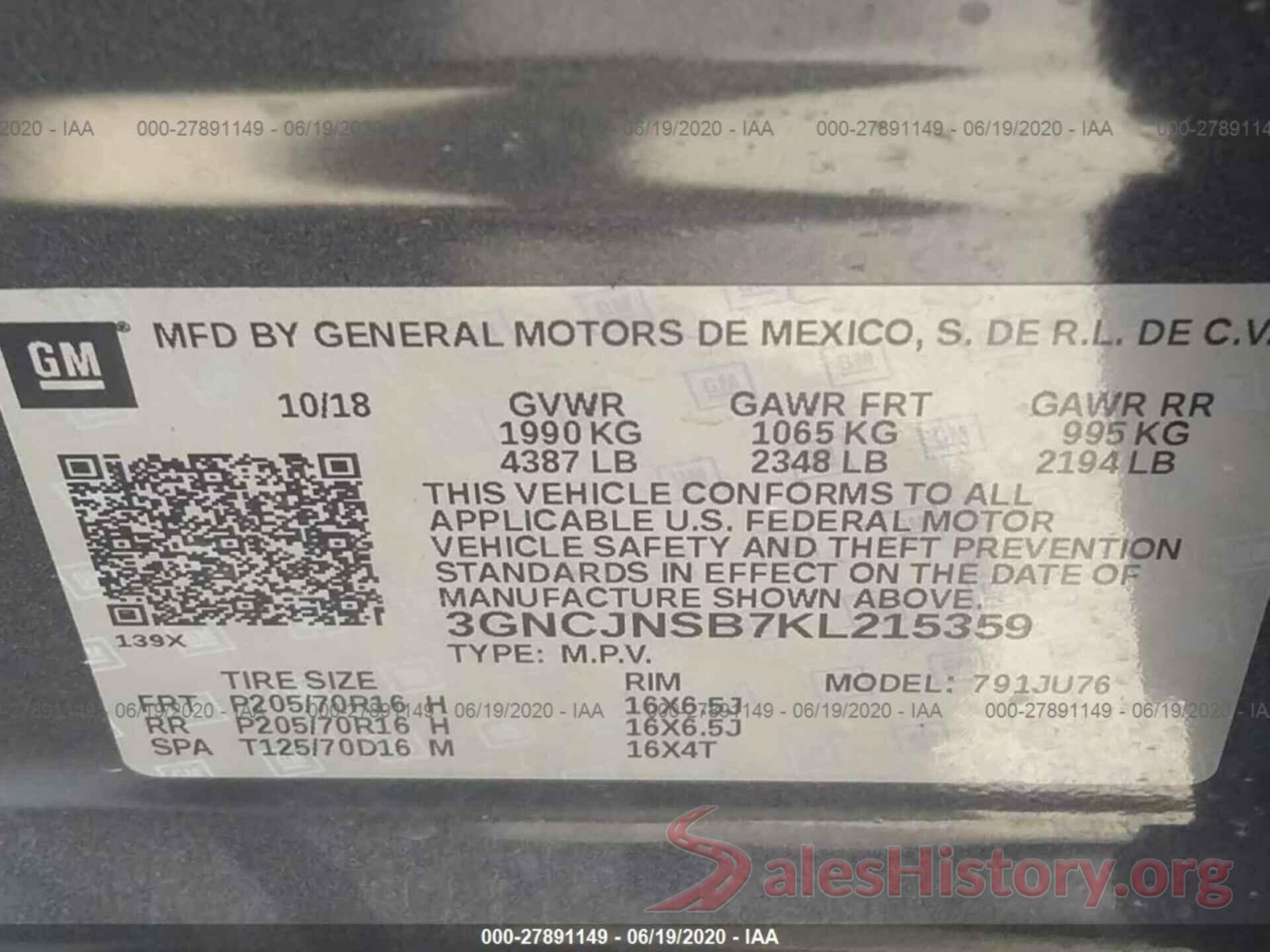 3GNCJNSB7KL215359 2019 CHEVROLET TRAX