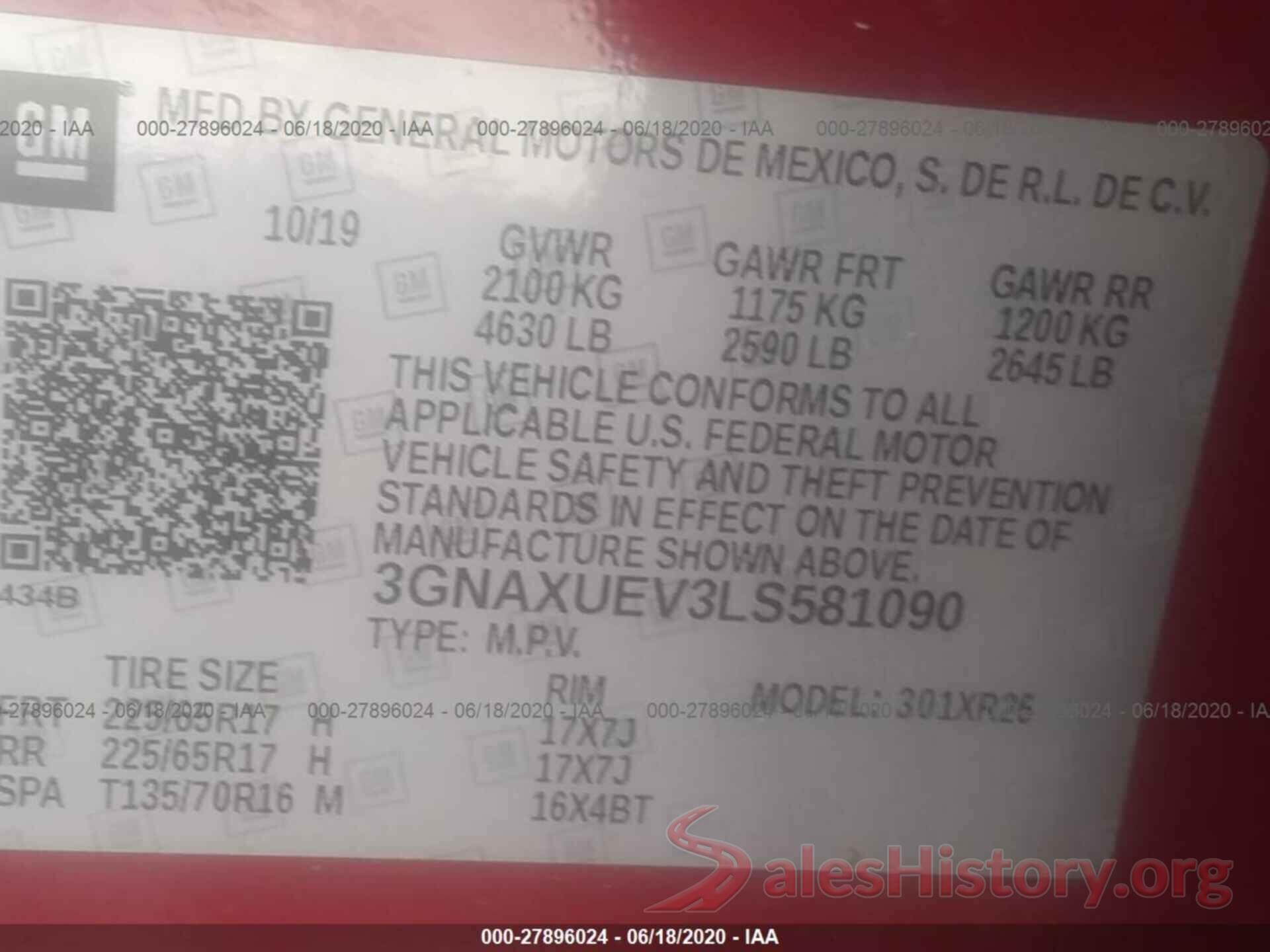 3GNAXUEV3LS581090 2020 CHEVROLET EQUINOX