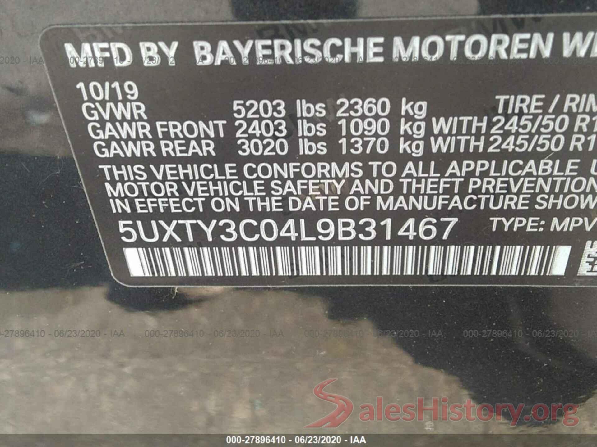 5UXTY3C04L9B31467 2020 BMW X3