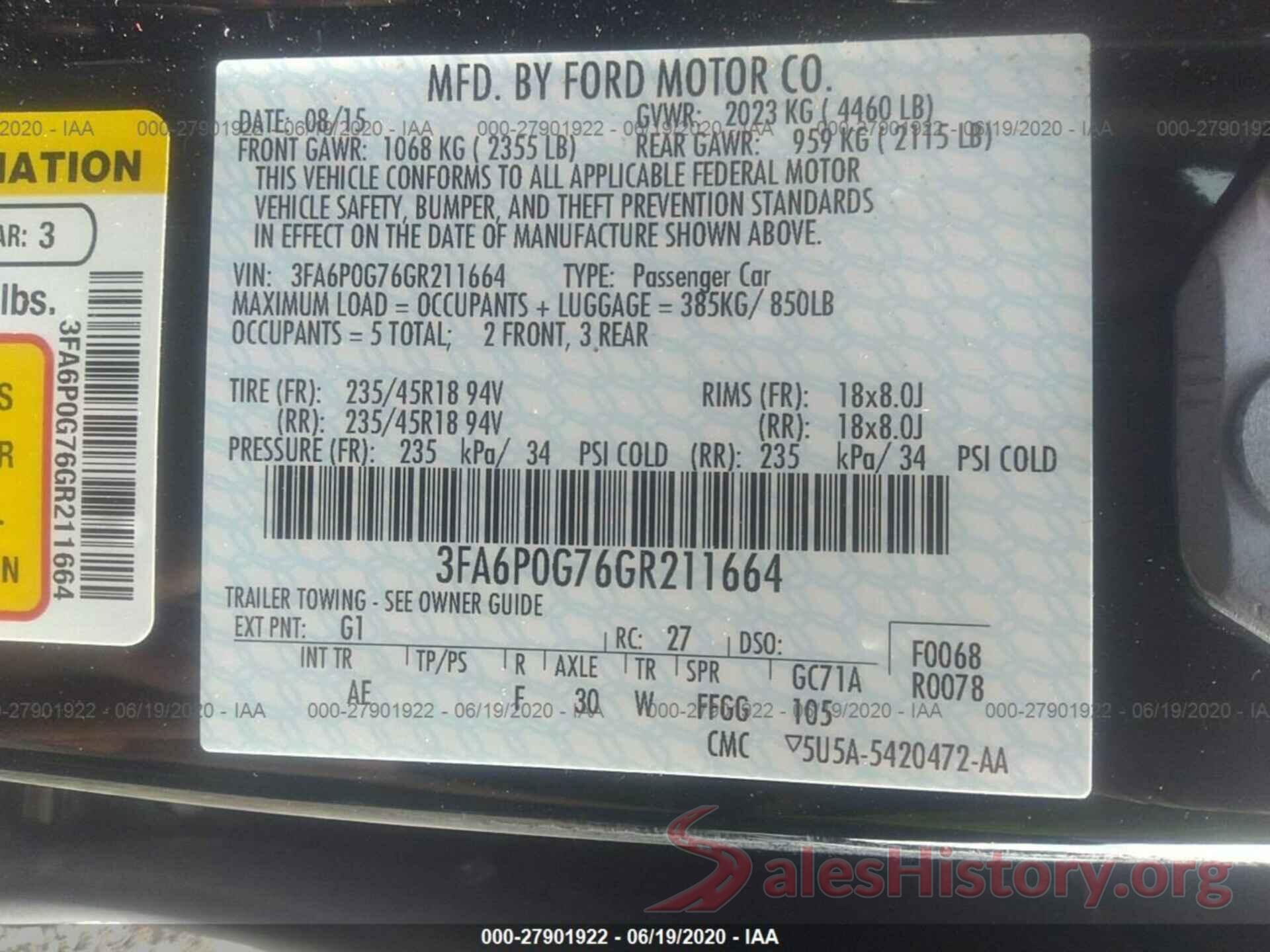 3FA6P0G76GR211664 2016 FORD FUSION