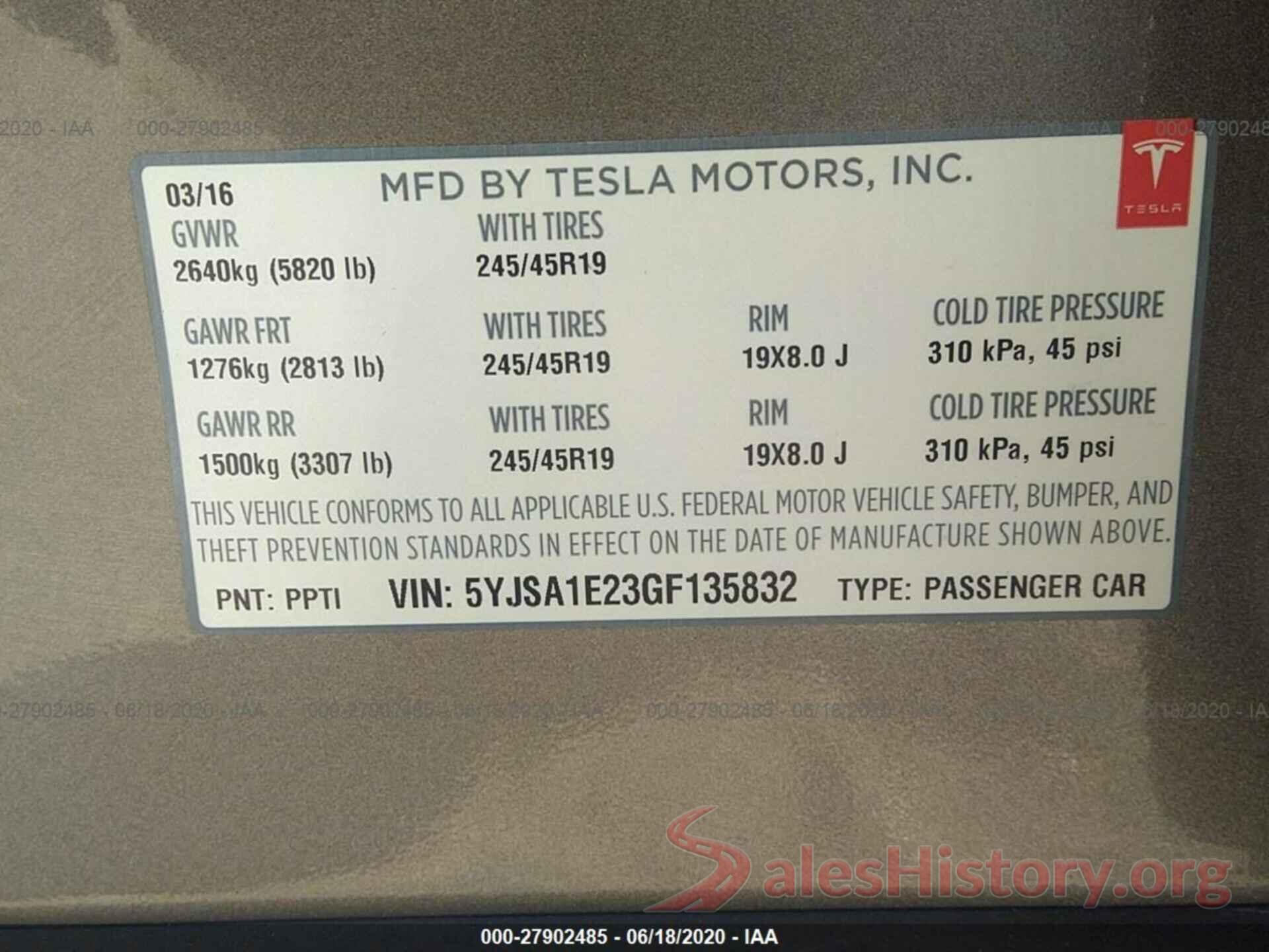 5YJSA1E23GF135832 2016 TESLA MODEL S