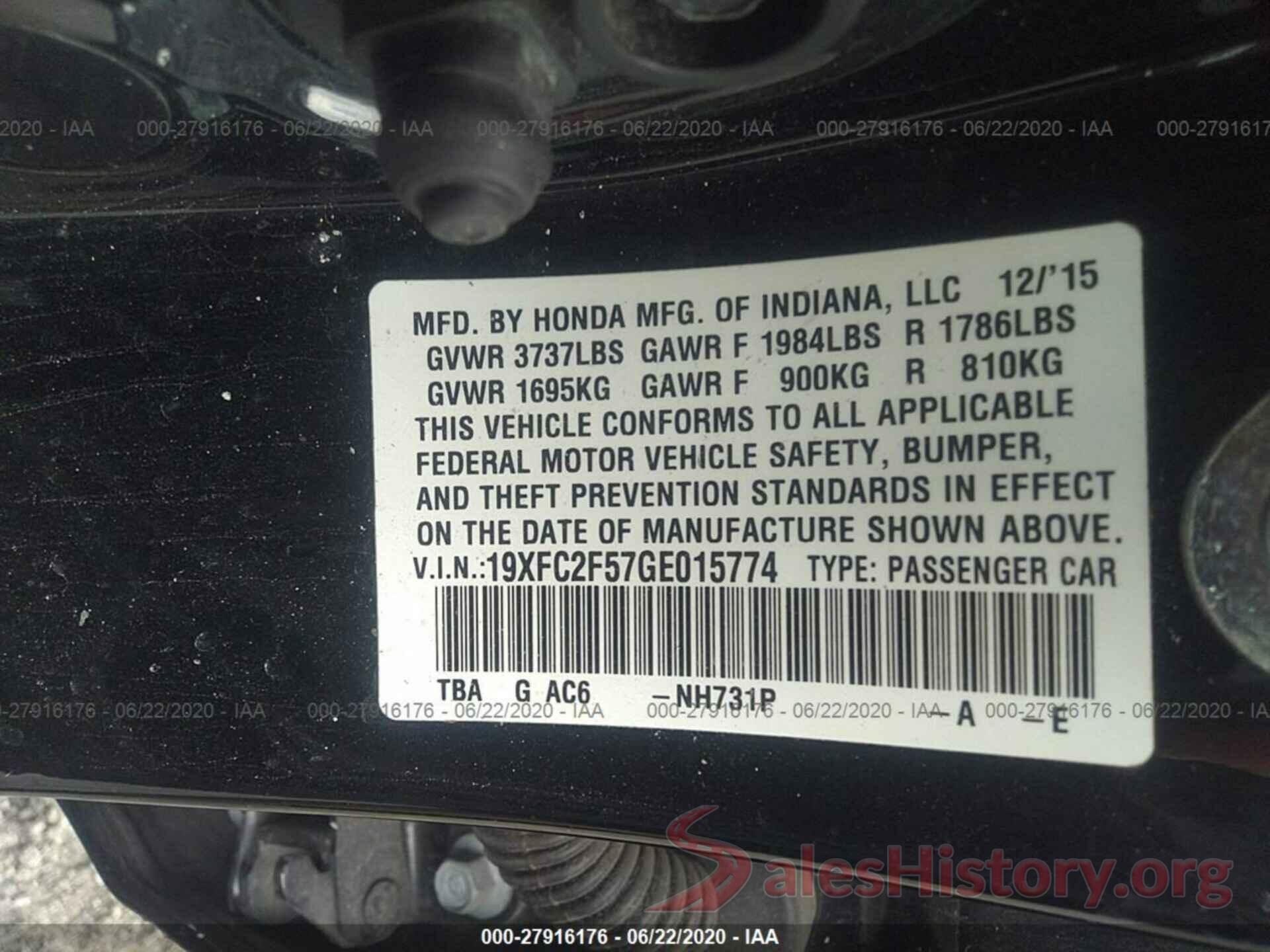 19XFC2F57GE015774 2016 Honda Civic