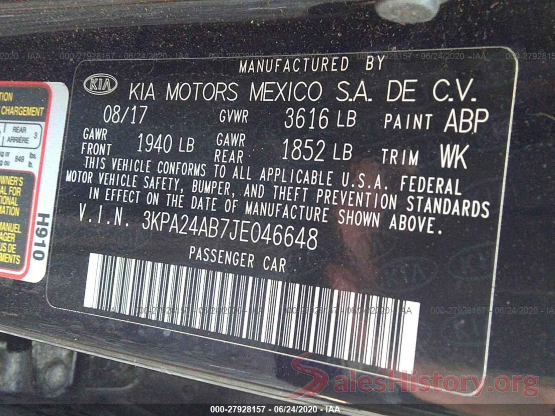 3KPA24AB7JE046648 2018 KIA RIO