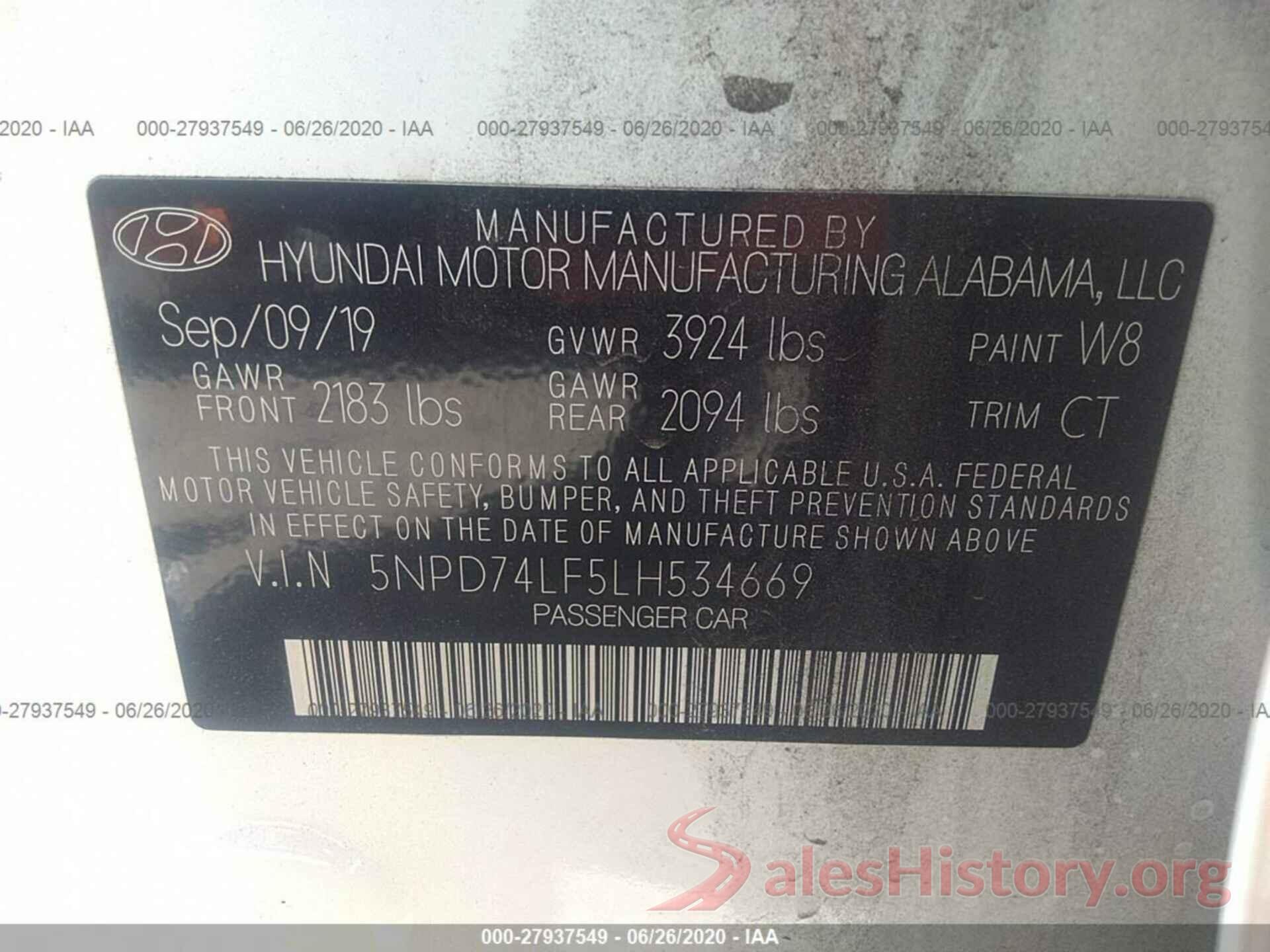 5NPD74LF5LH534669 2020 HYUNDAI ELANTRA