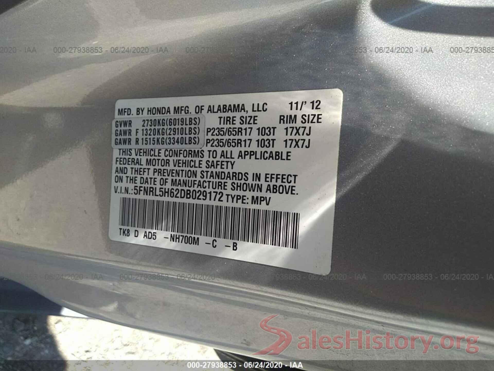 5FNRL5H62DB029172 2013 HONDA ODYSSEY