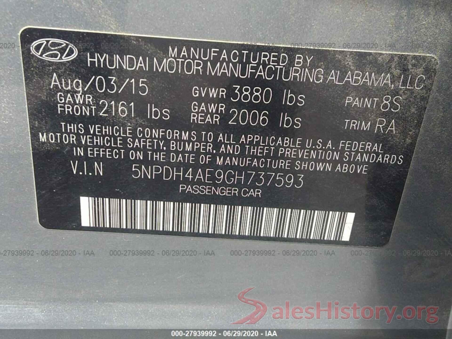 5NPDH4AE9GH737593 2016 Hyundai Elantra