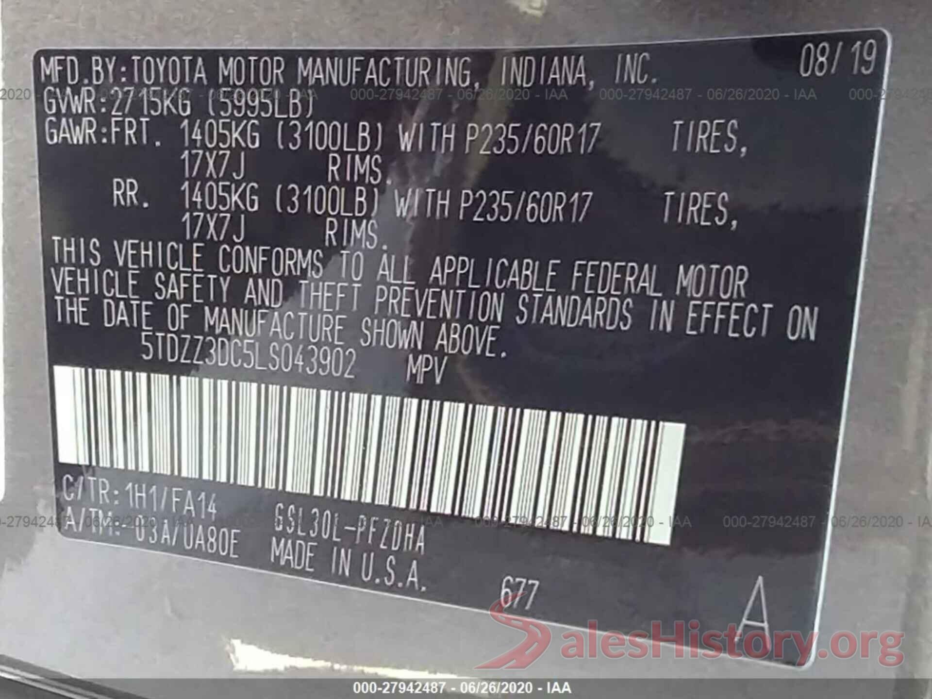 5TDZZ3DC5LS043902 2020 TOYOTA SIENNA