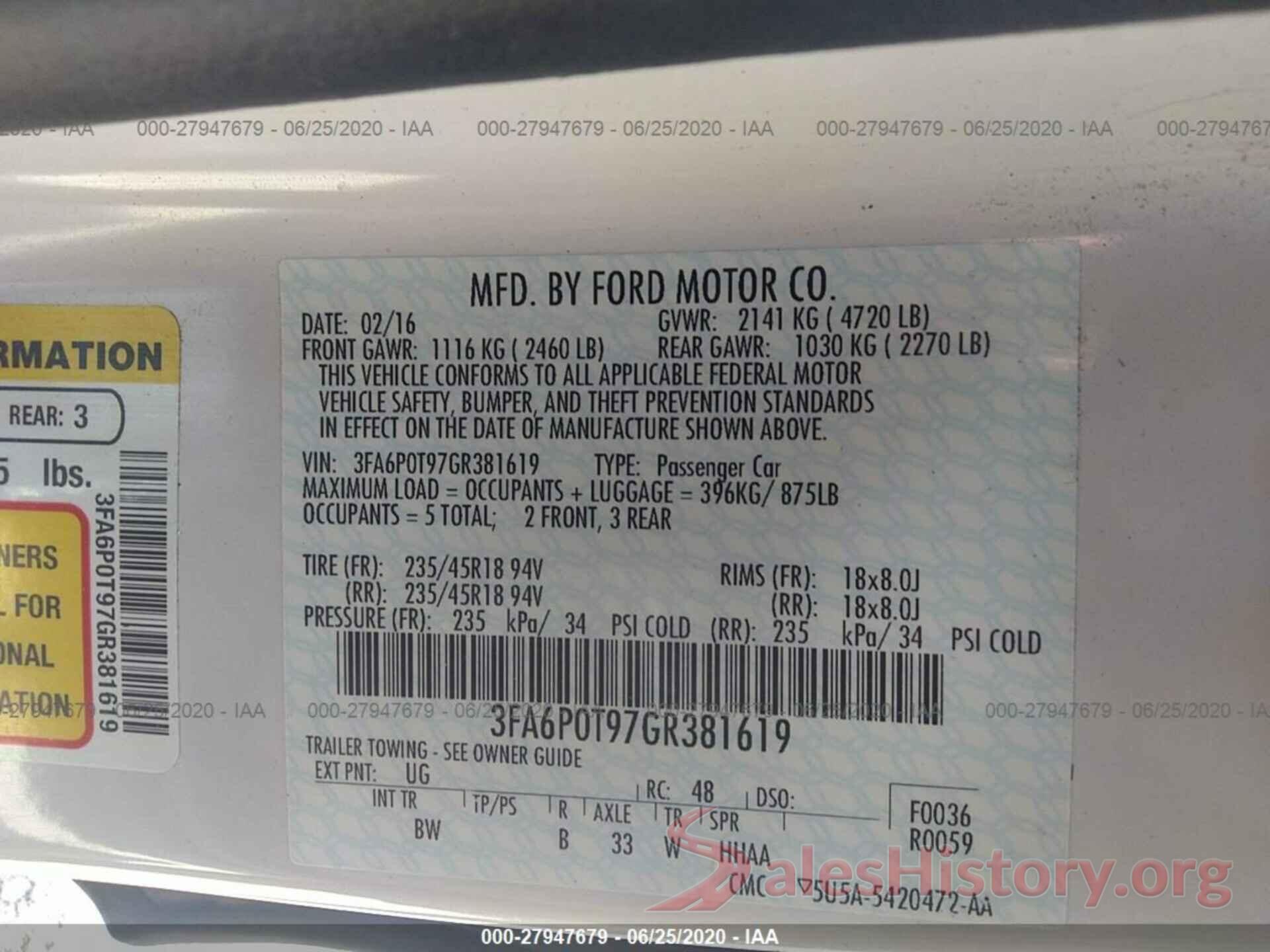 3FA6P0T97GR381619 2016 FORD FUSION