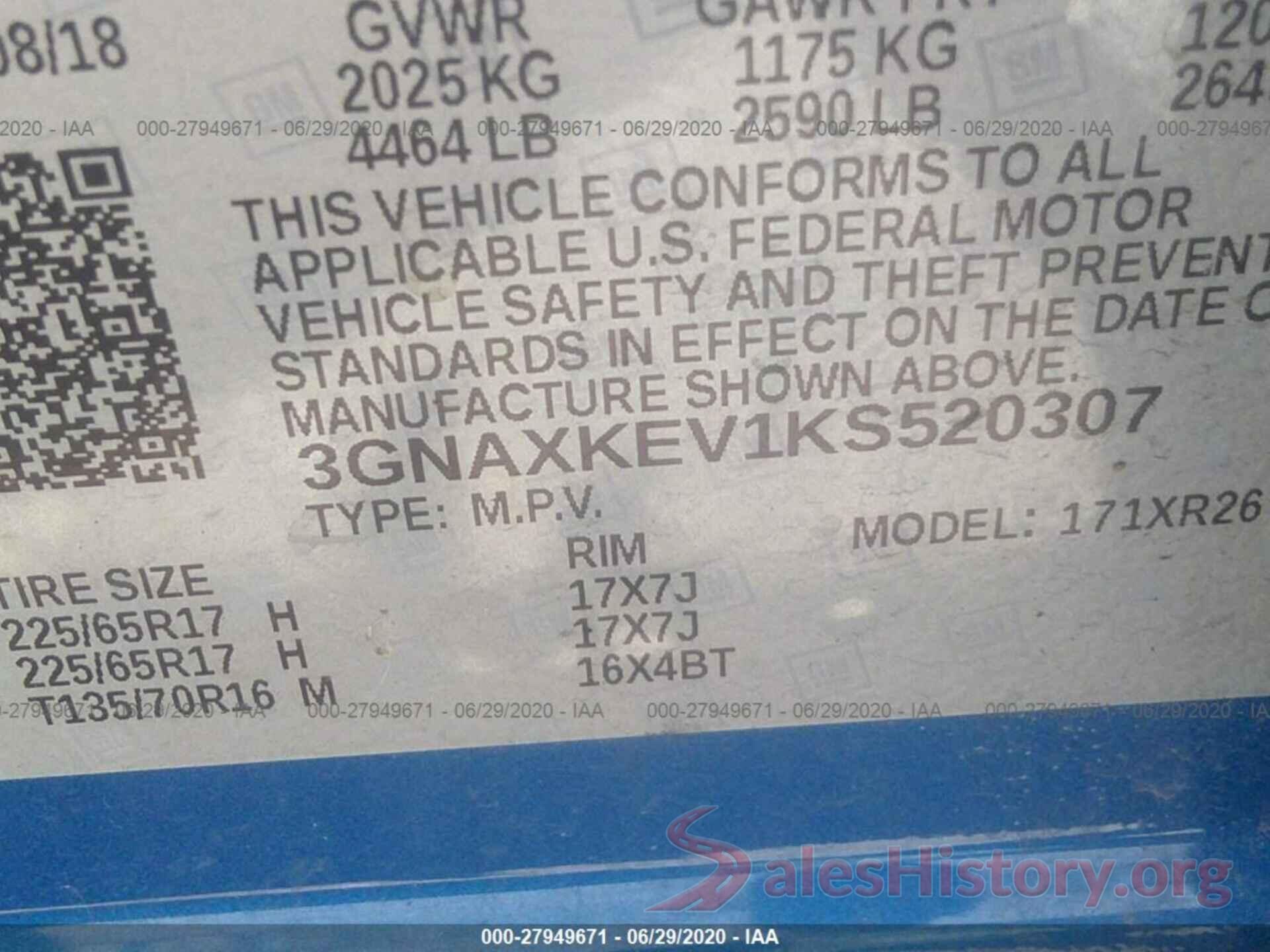 3GNAXKEV1KS520307 2019 CHEVROLET EQUINOX