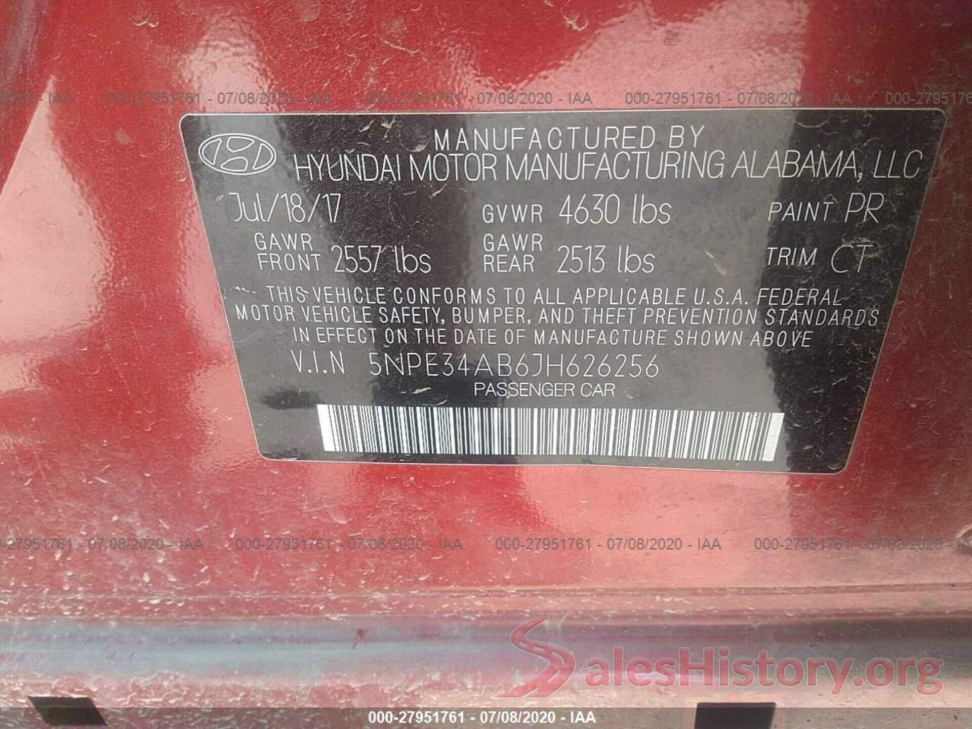 5NPE34AB6JH626256 2018 Hyundai Sonata