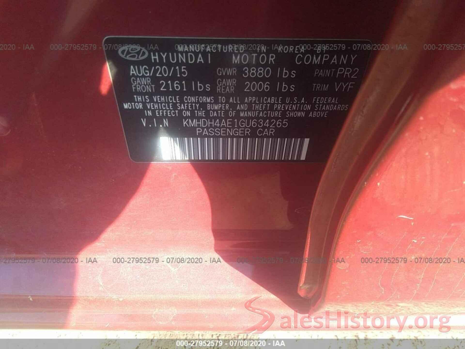 KMHDH4AE1GU634265 2016 Hyundai Elantra