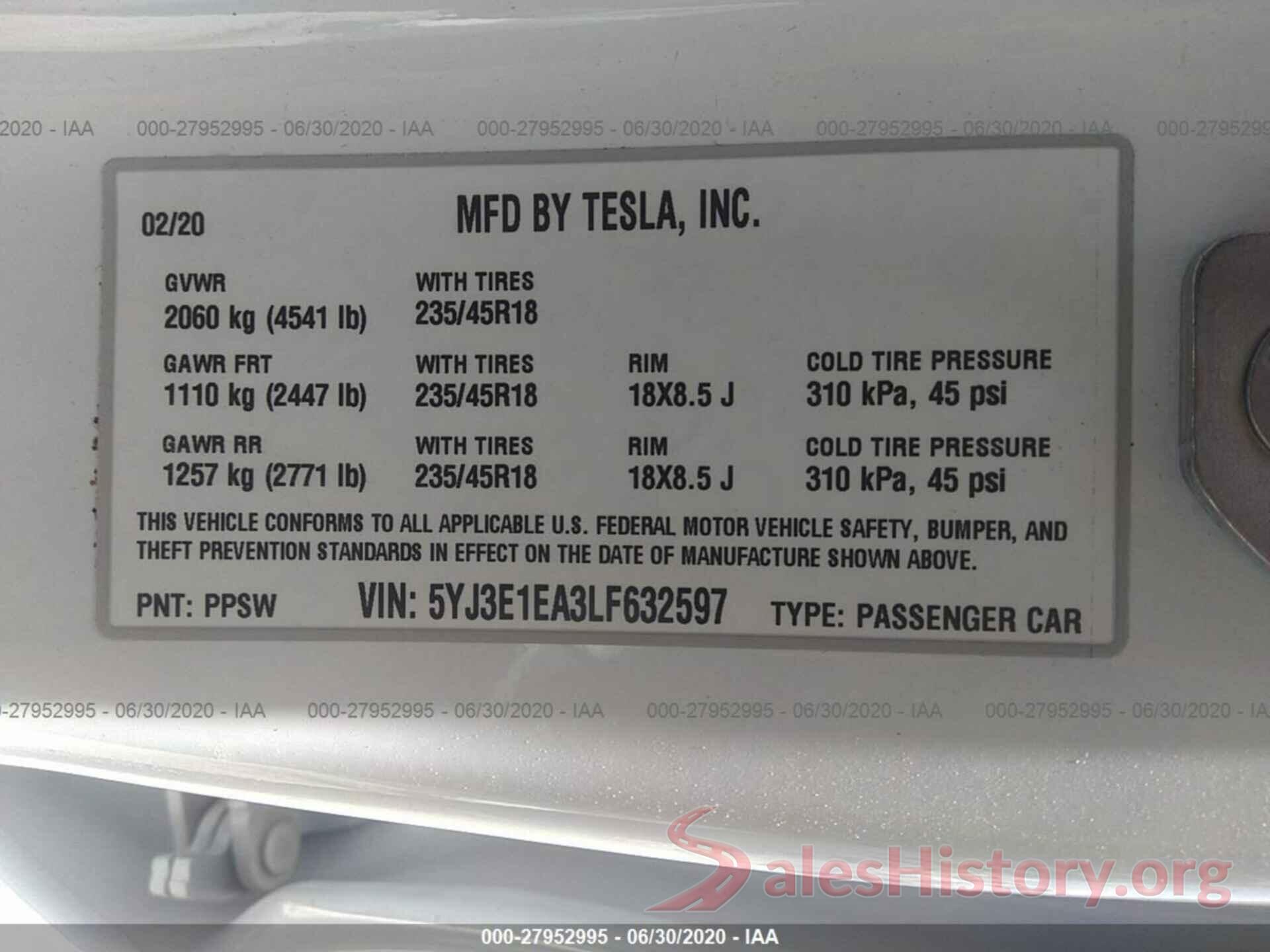 5YJ3E1EA3LF632597 2020 TESLA MODEL 3