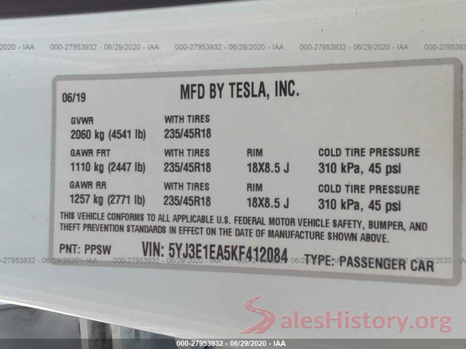 5YJ3E1EA5KF412084 2019 TESLA MODEL 3