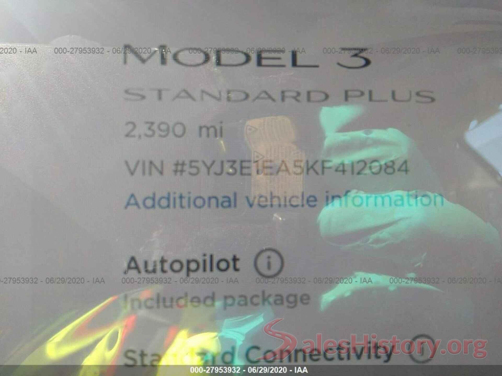 5YJ3E1EA5KF412084 2019 TESLA MODEL 3