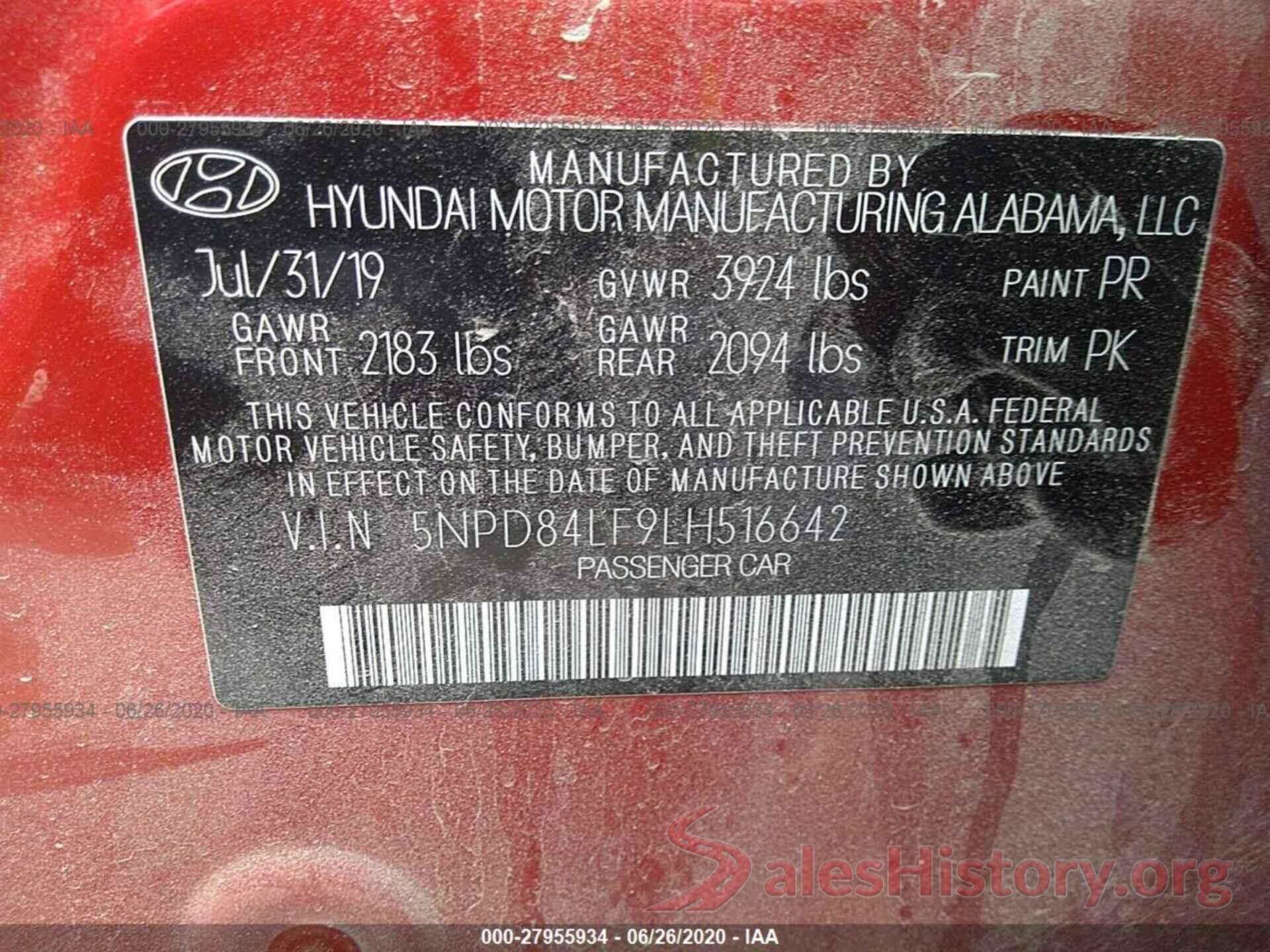 5NPD84LF9LH516642 2020 HYUNDAI ELANTRA