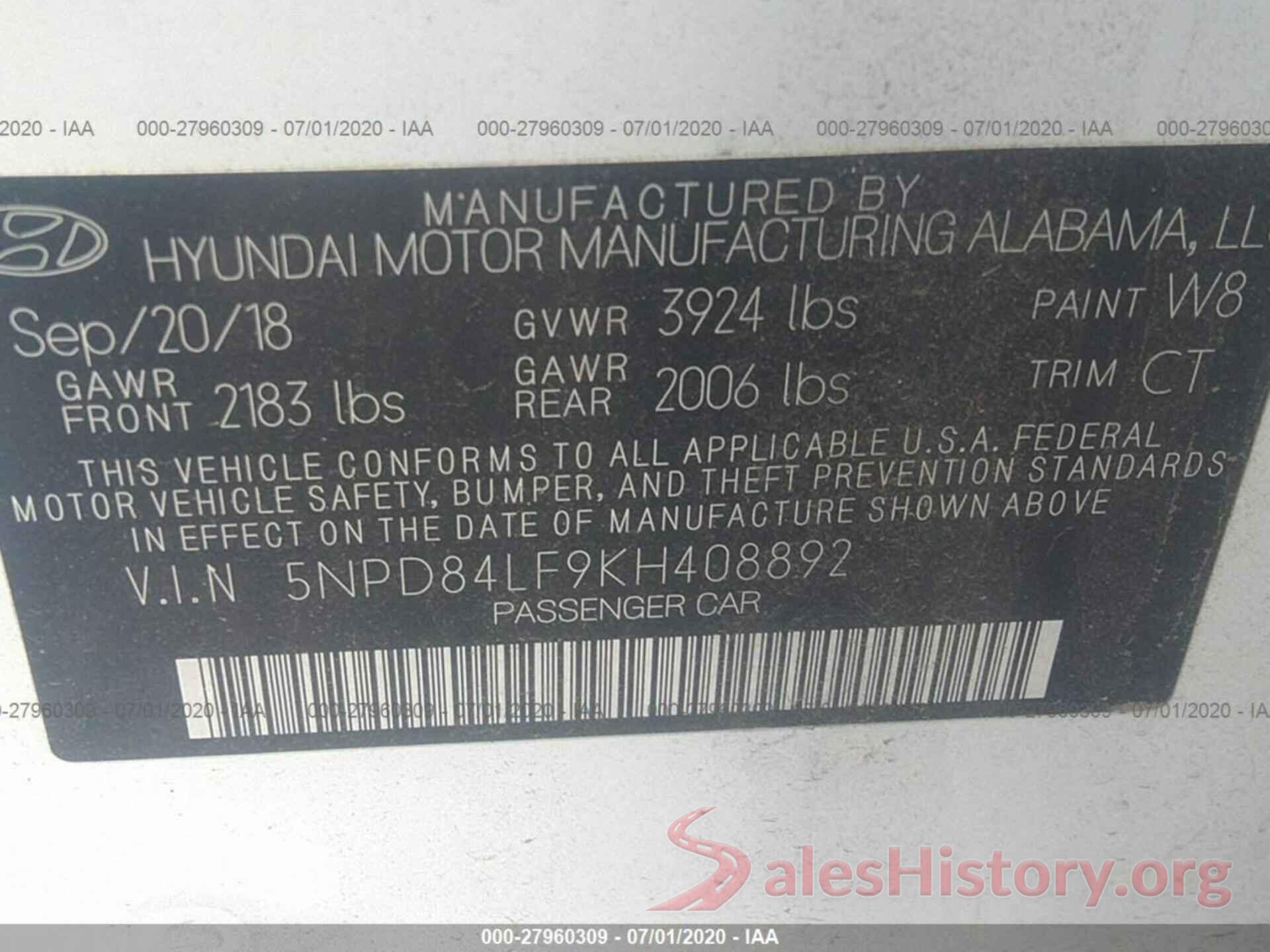 5NPD84LF9KH408892 2019 HYUNDAI ELANTRA