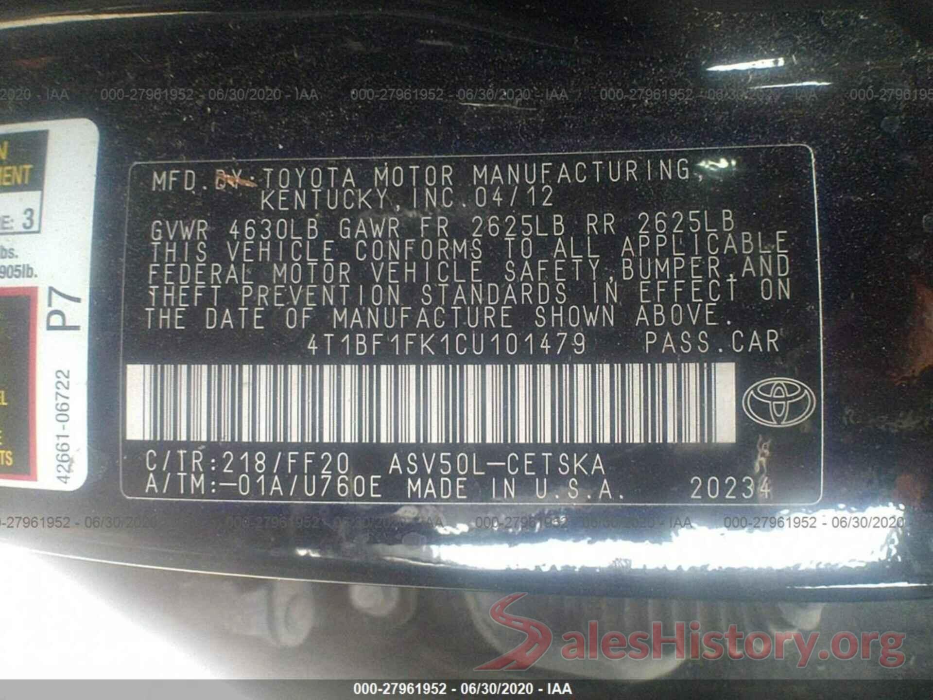 4T1BF1FK1CU101479 2012 TOYOTA CAMRY