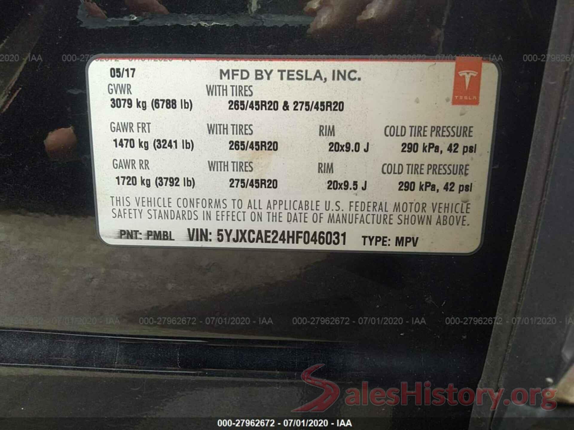 5YJXCAE24HF046031 2017 TESLA MODEL X