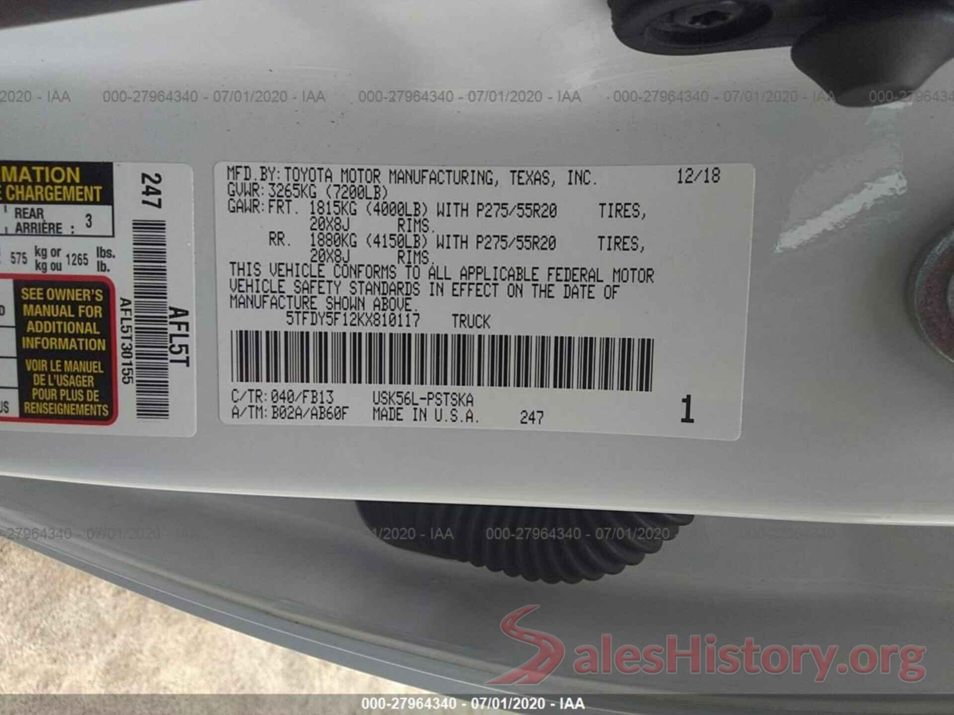 5TFDY5F12KX810117 2019 TOYOTA TUNDRA 4WD