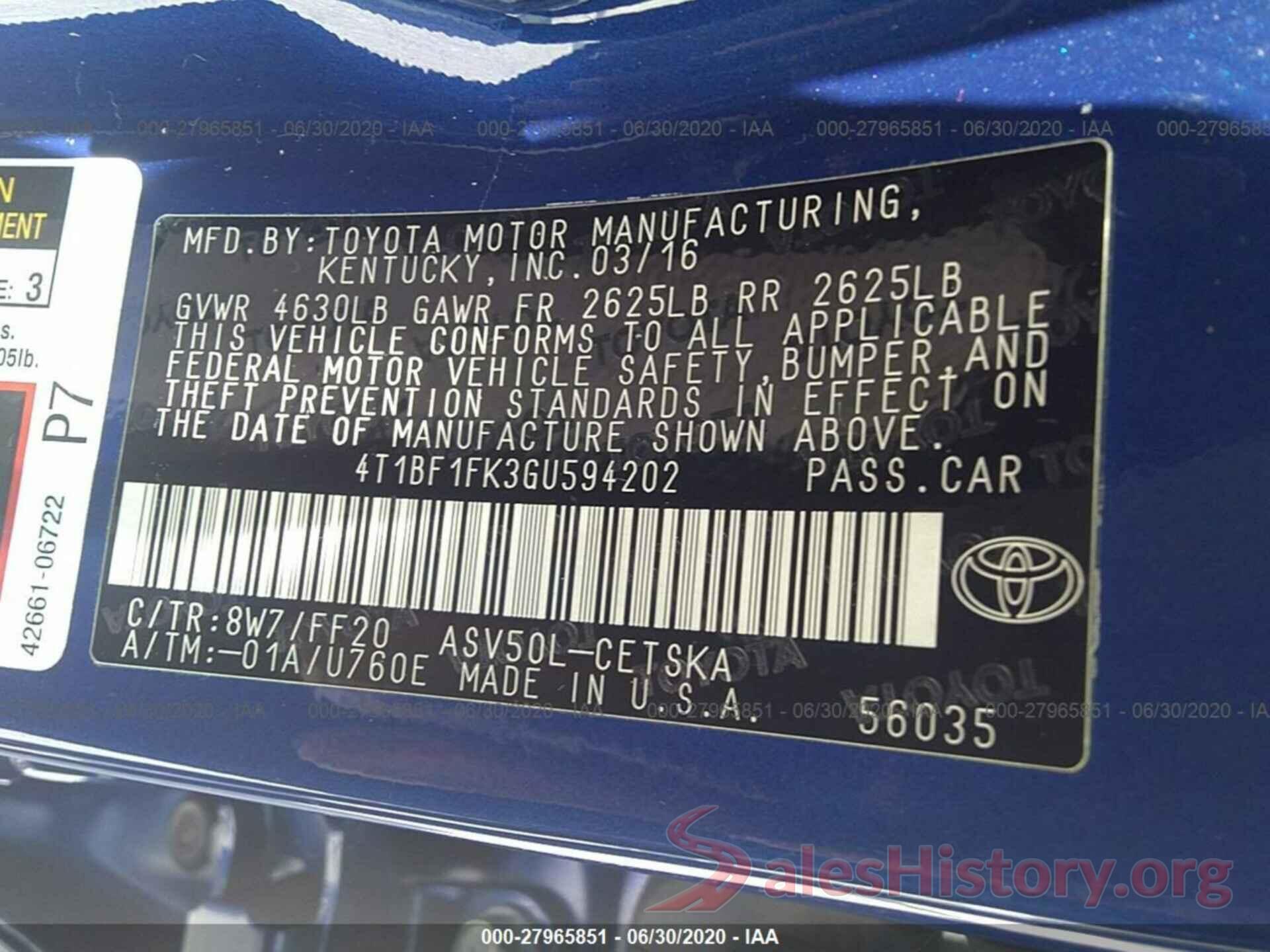 4T1BF1FK3GU594202 2016 TOYOTA CAMRY