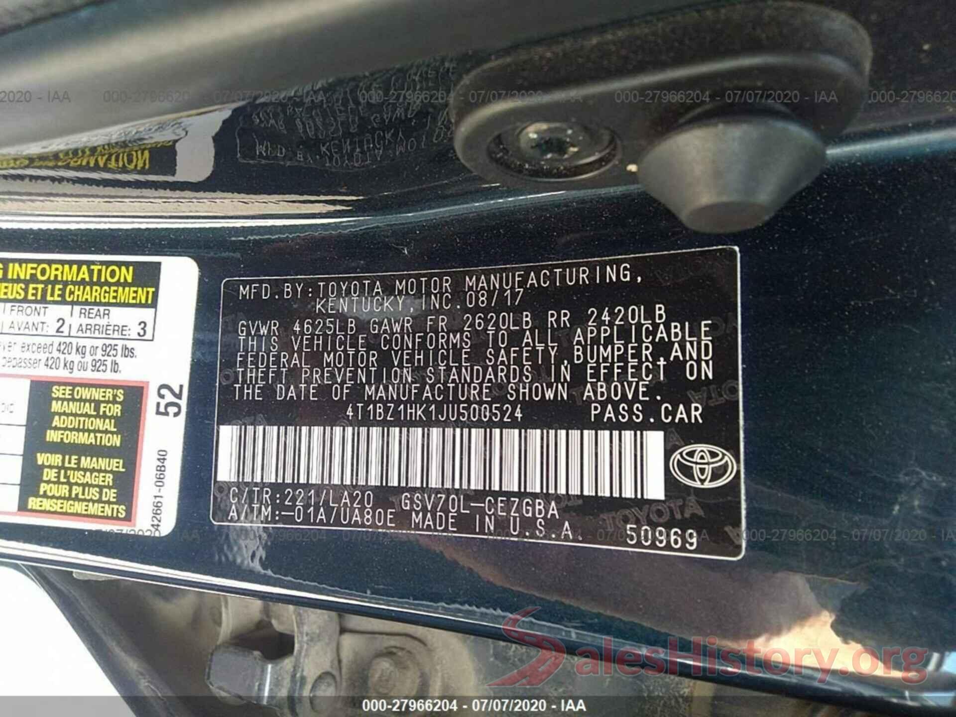 4T1BZ1HK1JU500524 2018 Toyota Camry