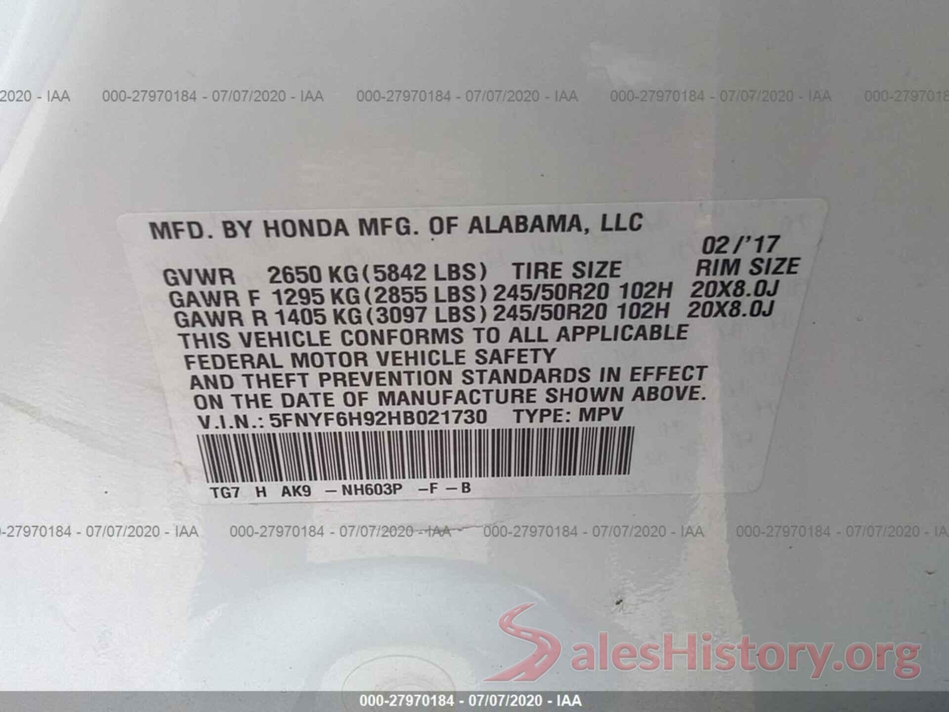 5FNYF6H92HB021730 2017 Honda Pilot