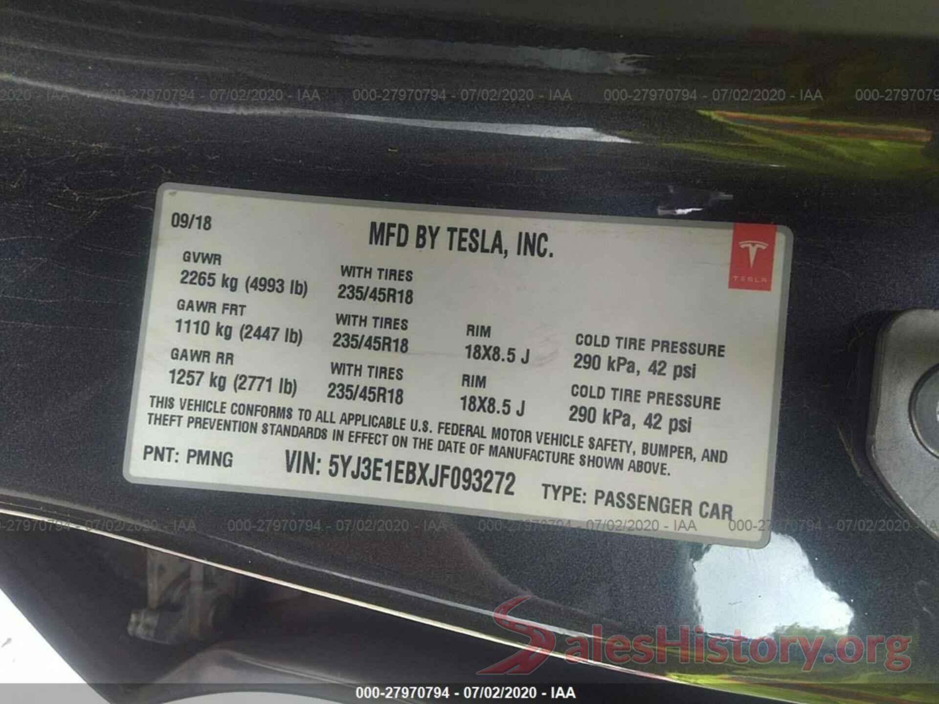 5YJ3E1EBXJF093272 2018 TESLA MODEL 3